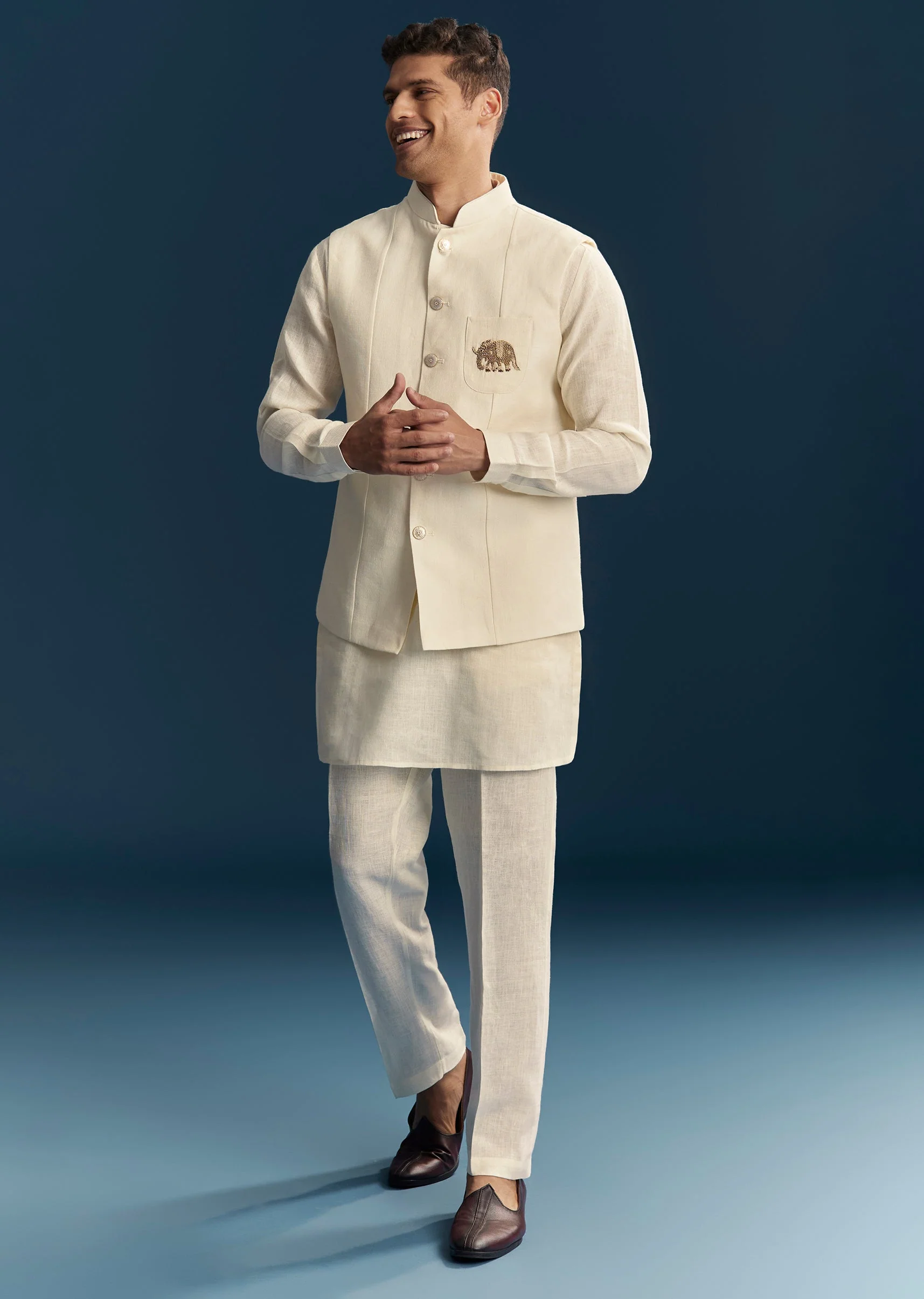 Pastel Off White Silk Kurta Jacket Set With Minimal Thread Detail - Image 3