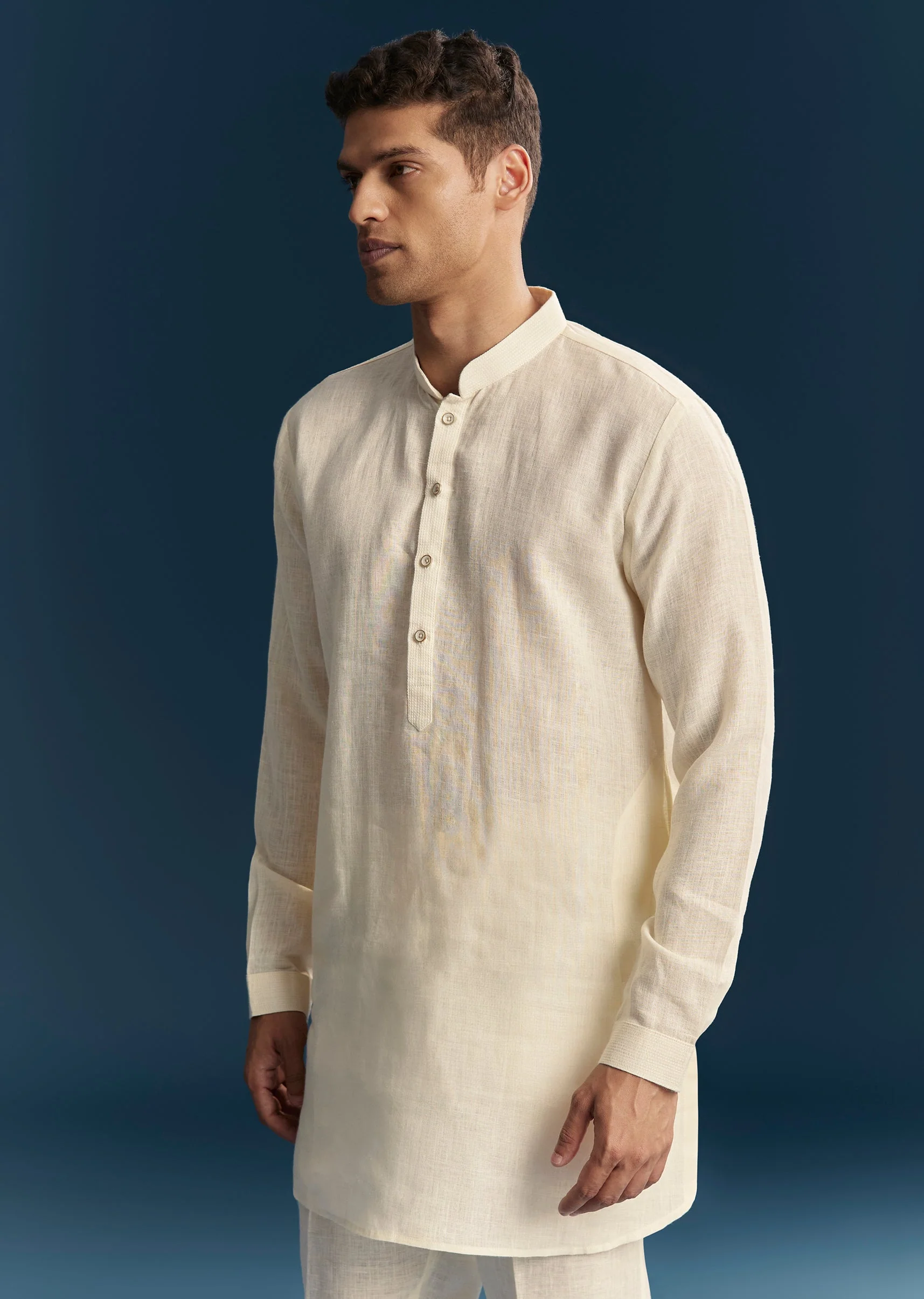Pastel Off White Silk Kurta Jacket Set With Minimal Thread Detail - Image 6