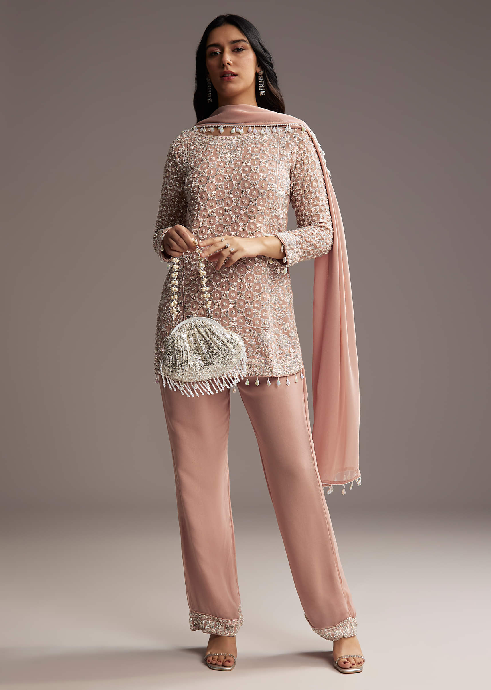 Pastel Peach Georgette Kurta Set With Beads Work - Image 2