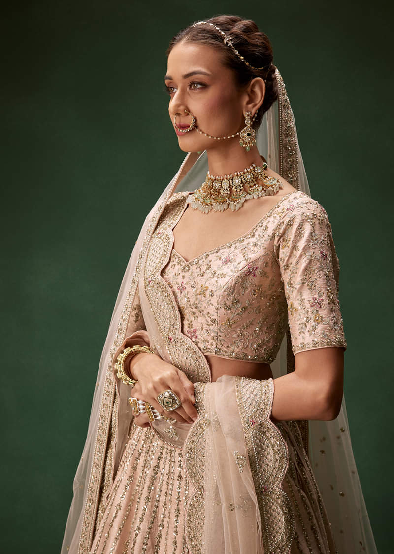Pastel Pink Bridal Lehenga With Fully Embroidered Blouse And Layered Dupattas - Image 3