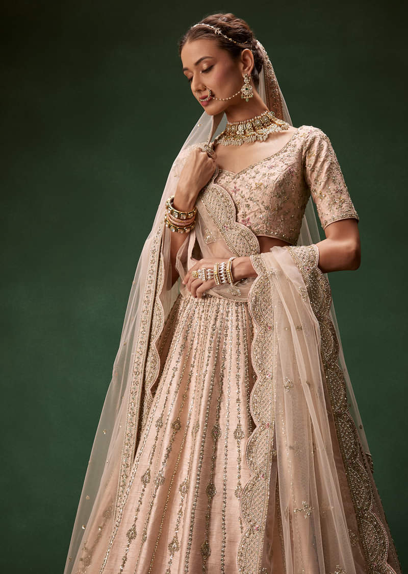 Pastel Pink Bridal Lehenga With Fully Embroidered Blouse And Layered Dupattas - Image 5