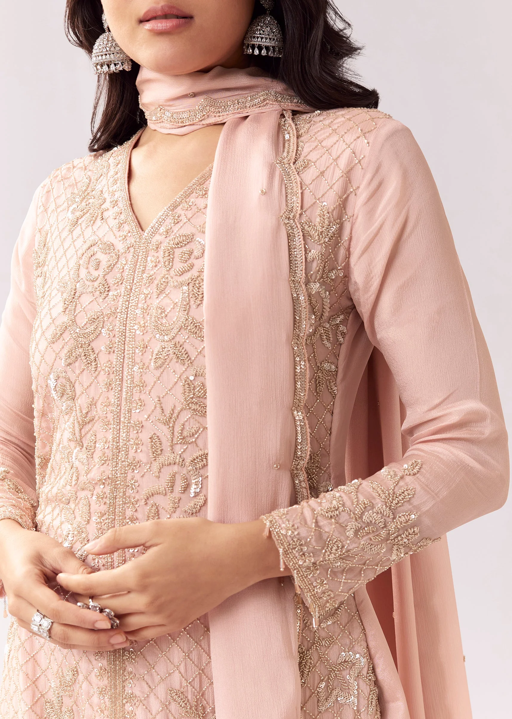 Pastel Pink Coordinated Look – Embellished Palazzo Suit For Her And Pink Chanderi Kashmiri Handwork Kurta For Him - Image 2