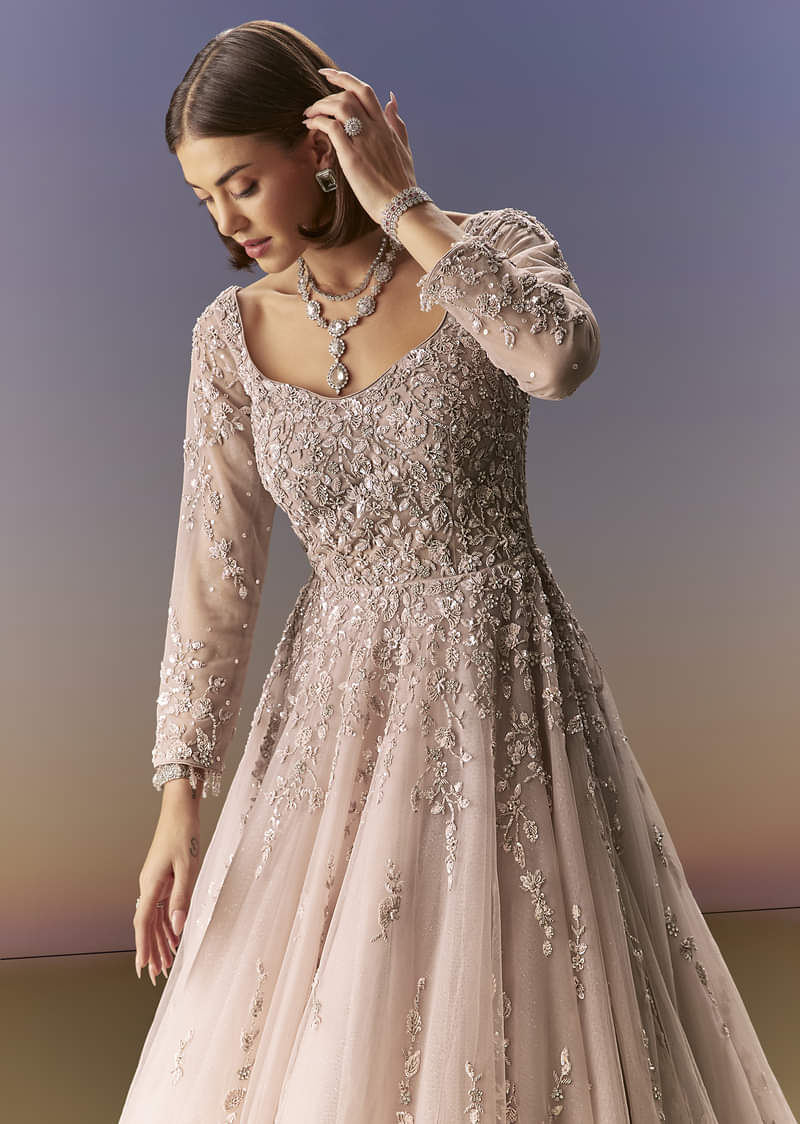 Pastel Pink Embroidered Gown With Full Sleeves - Image 5
