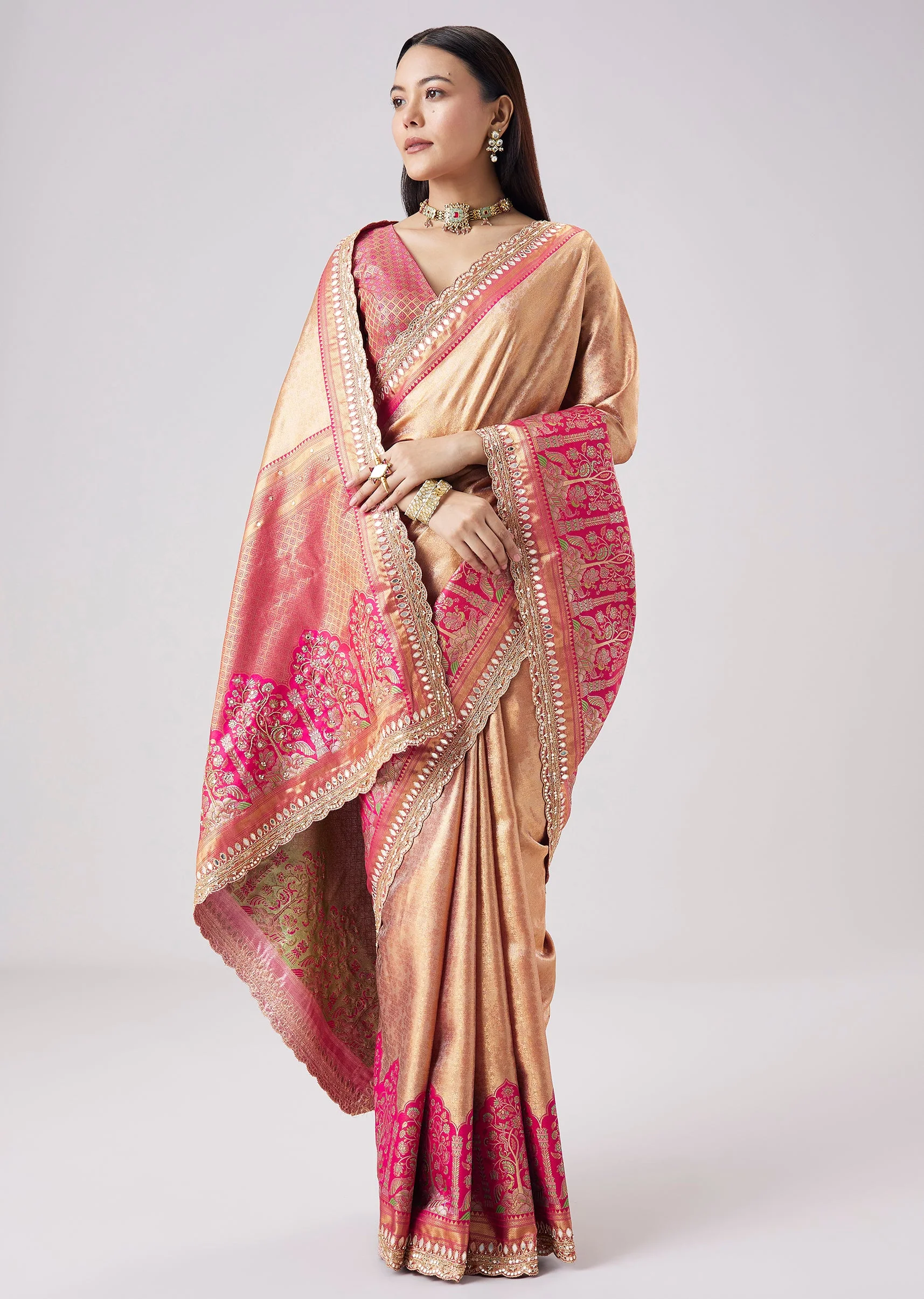 Pastel Pink Embroidered Saree With Unstitched Blouse - Image 3