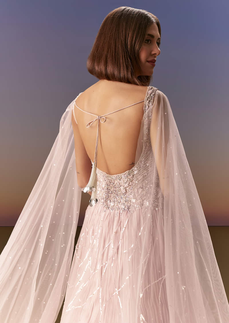 Pastel Pink Gown With Sheer Cape Drape And Heavy Embroidery - Image 6