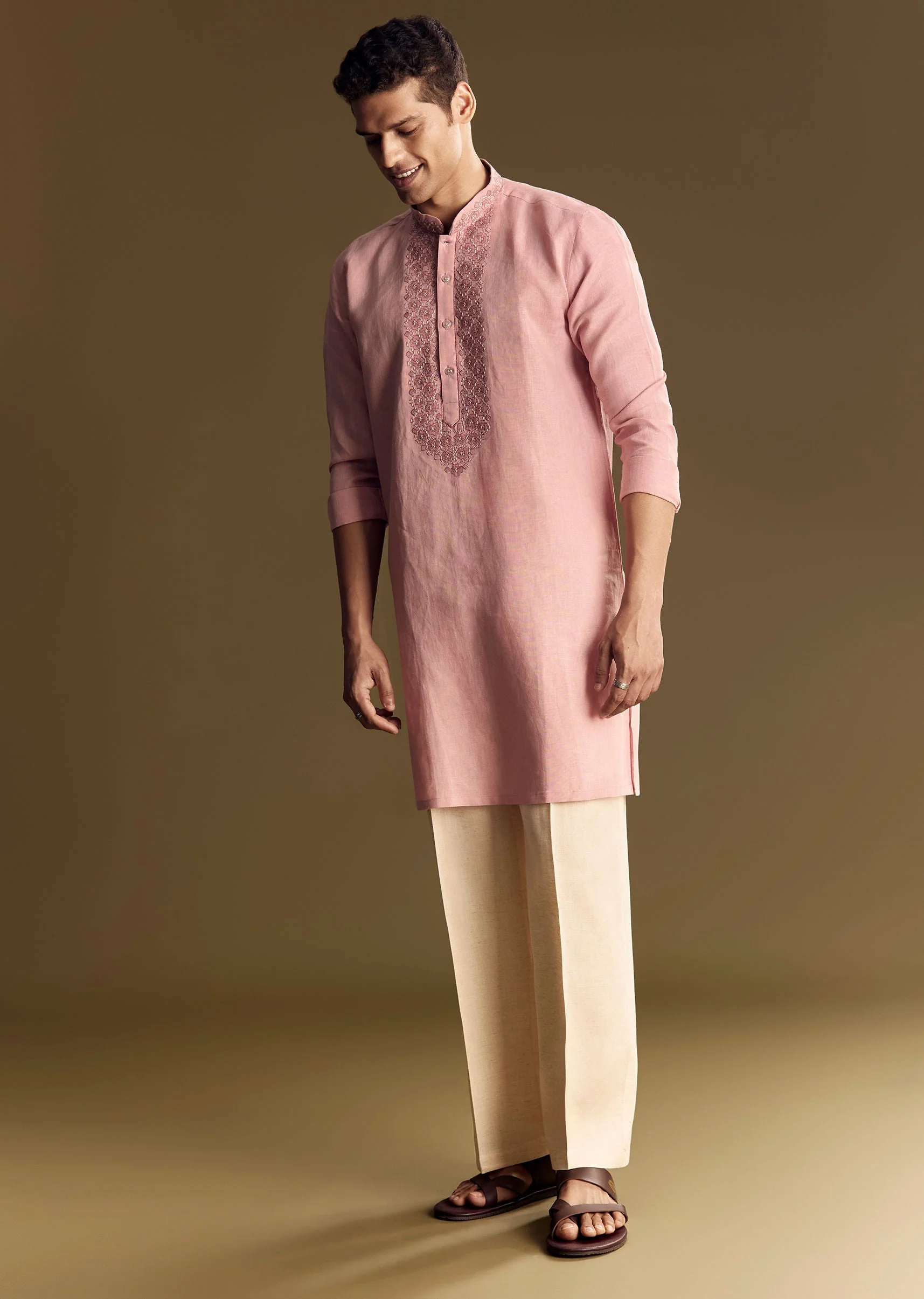 Pastel Pink Linen Kurta Set - Image 2