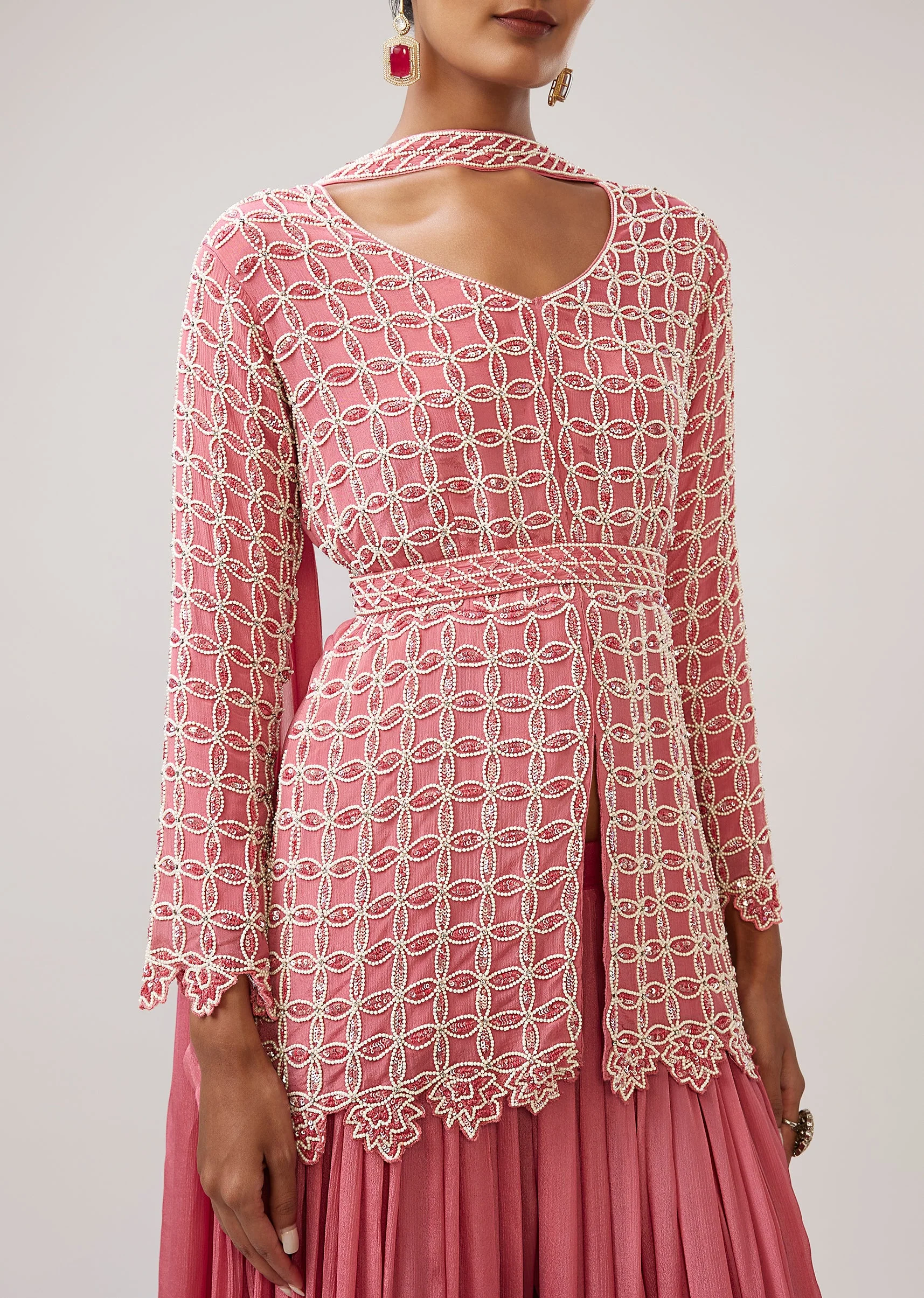 Pastel Pink Peplum Palazzo Set With Belt And Choker Dupatta - Image 2