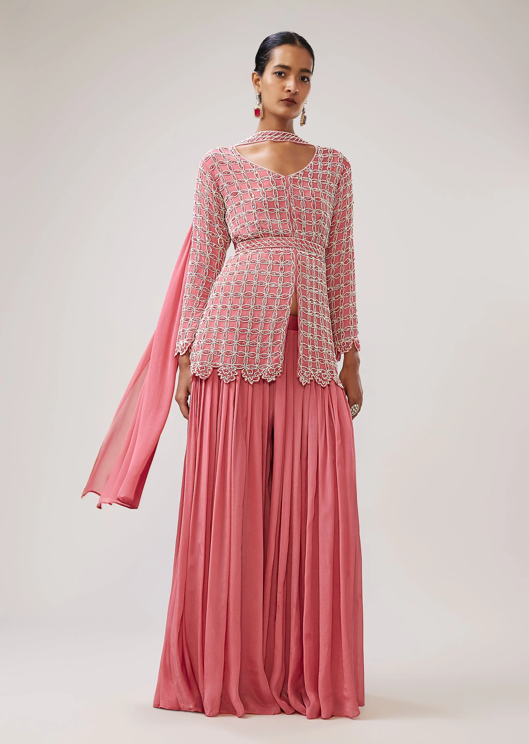 Pastel Pink Peplum Palazzo Set With Belt And Choker Dupatta - Image 3