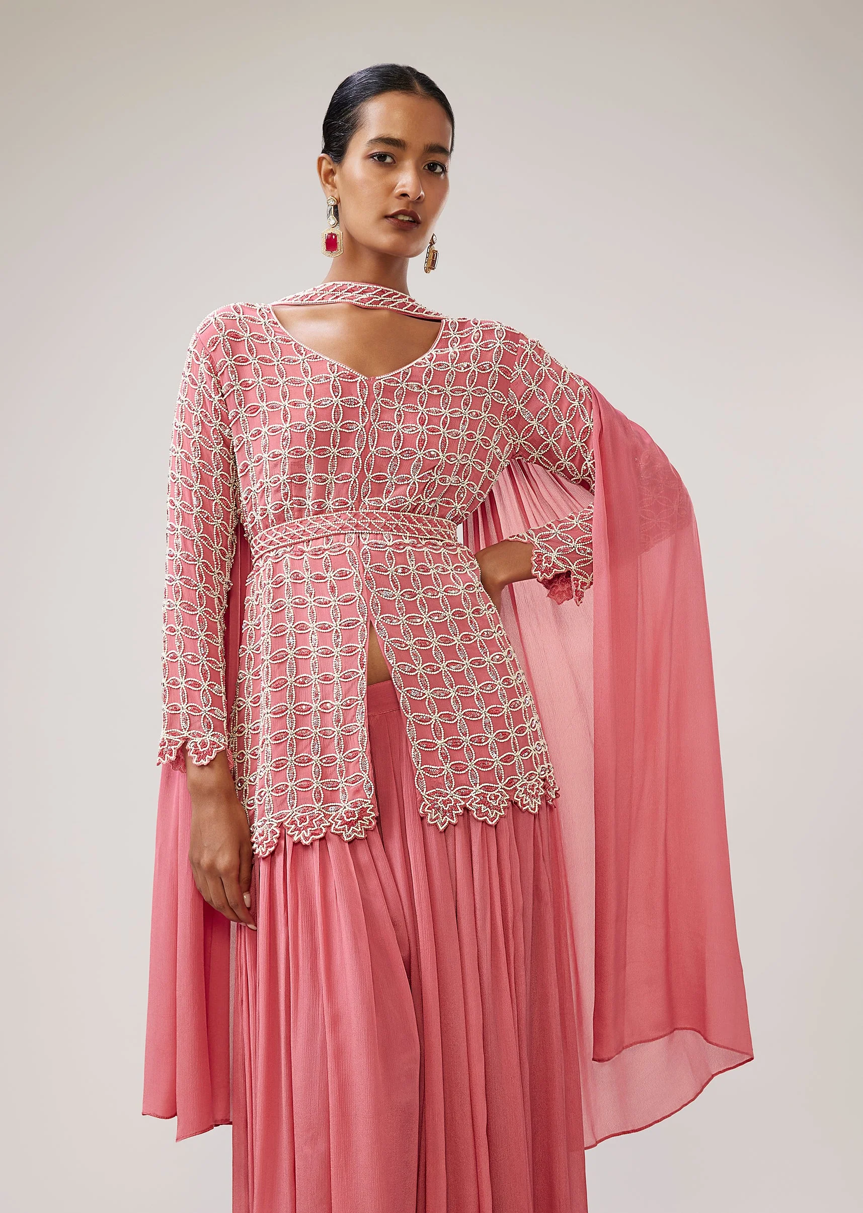 Pastel Pink Peplum Palazzo Set With Belt And Choker Dupatta - Image 4