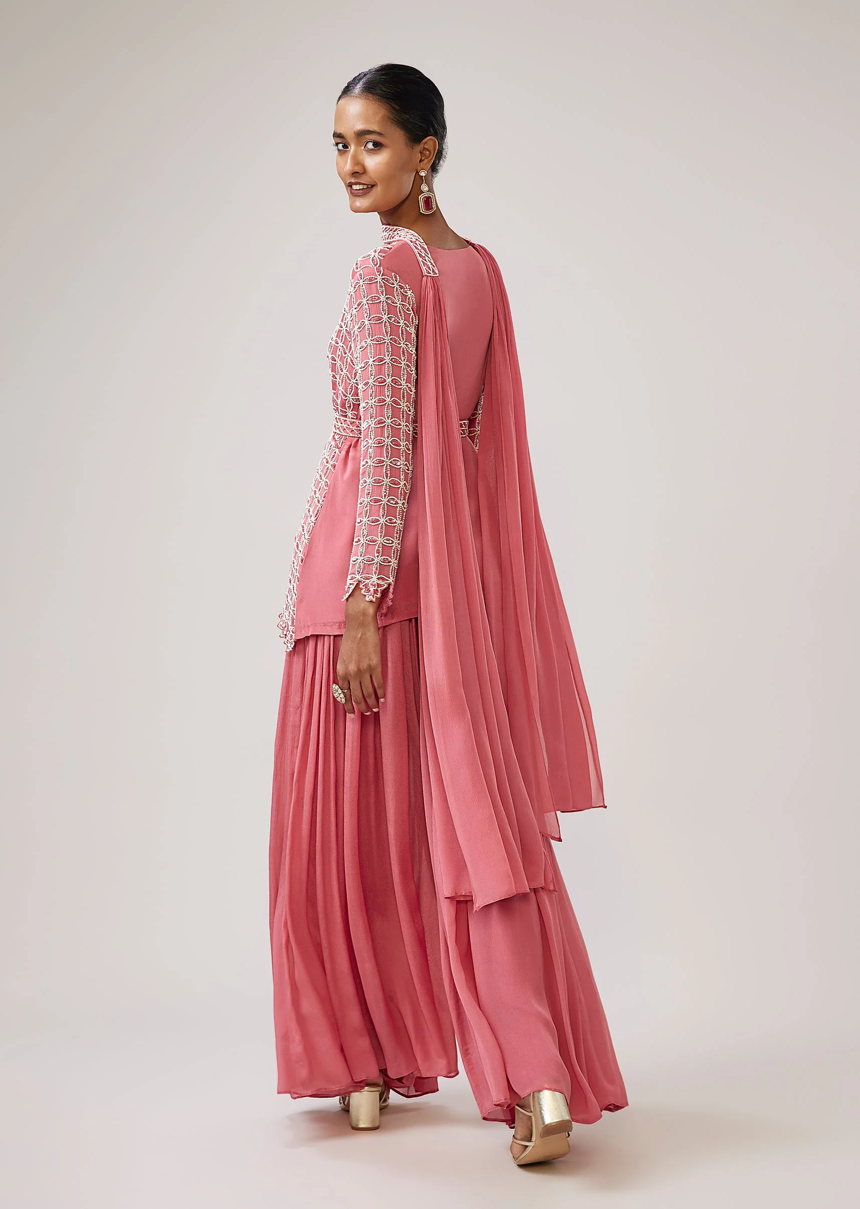 Pastel Pink Peplum Palazzo Set With Belt And Choker Dupatta - Image 5