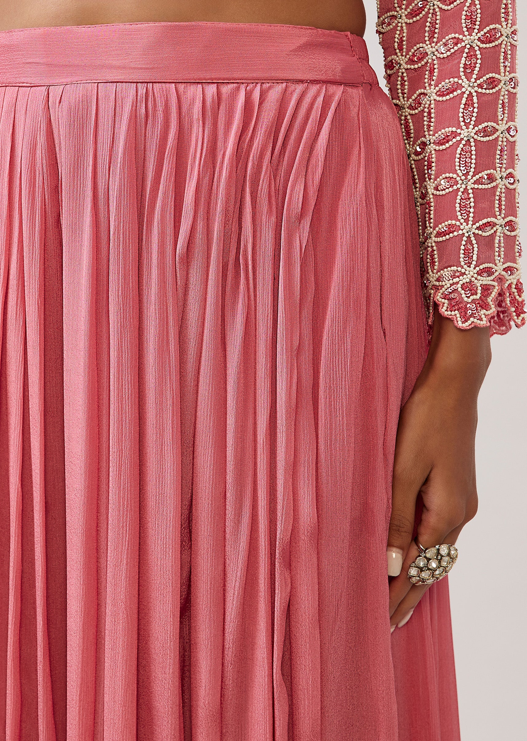 Pastel Pink Peplum Palazzo Set With Belt And Choker Dupatta - Image 6