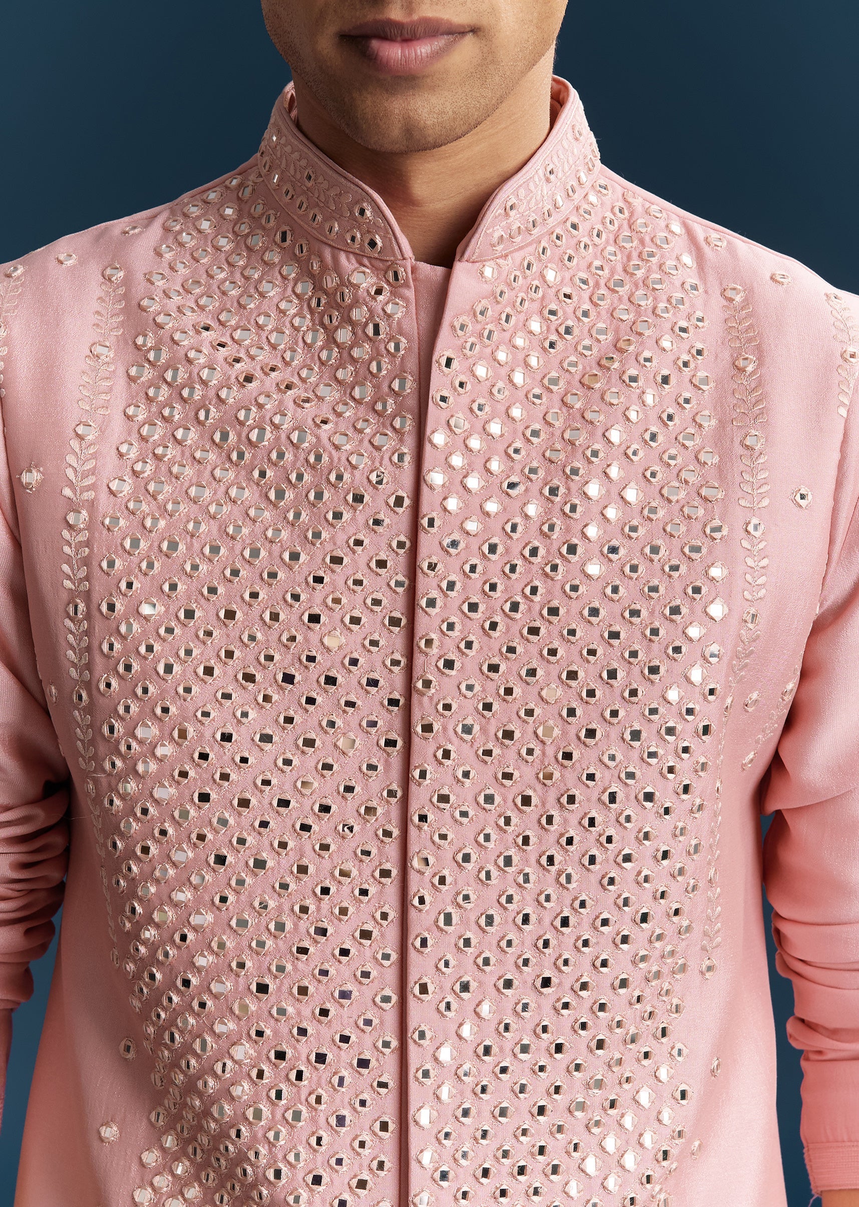 Pastel Pink Silk Kurta Jacket Set With Thread And Mirror Work - Image 2
