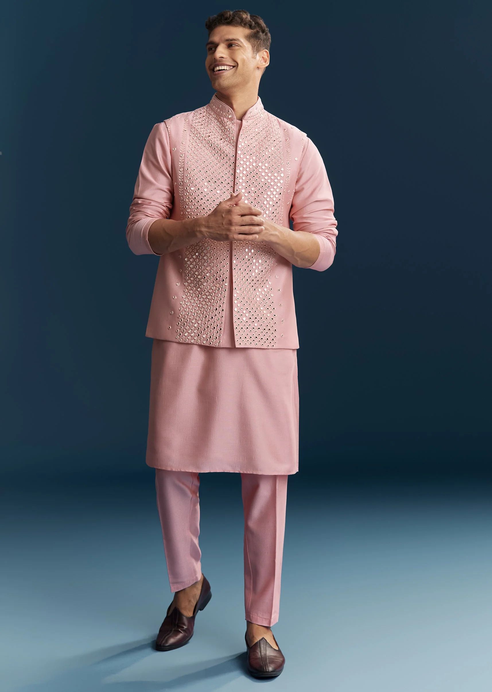Pastel Pink Silk Kurta Jacket Set With Thread And Mirror Work - Image 3