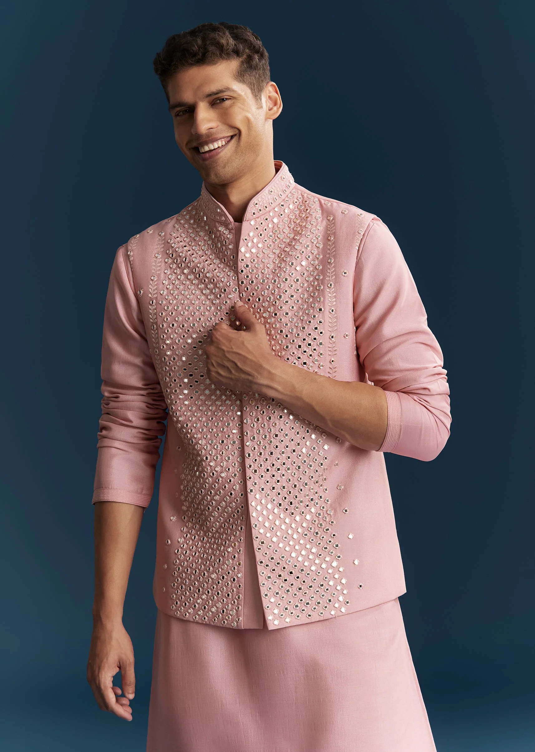 Pastel Pink Silk Kurta Jacket Set With Thread And Mirror Work - Image 4