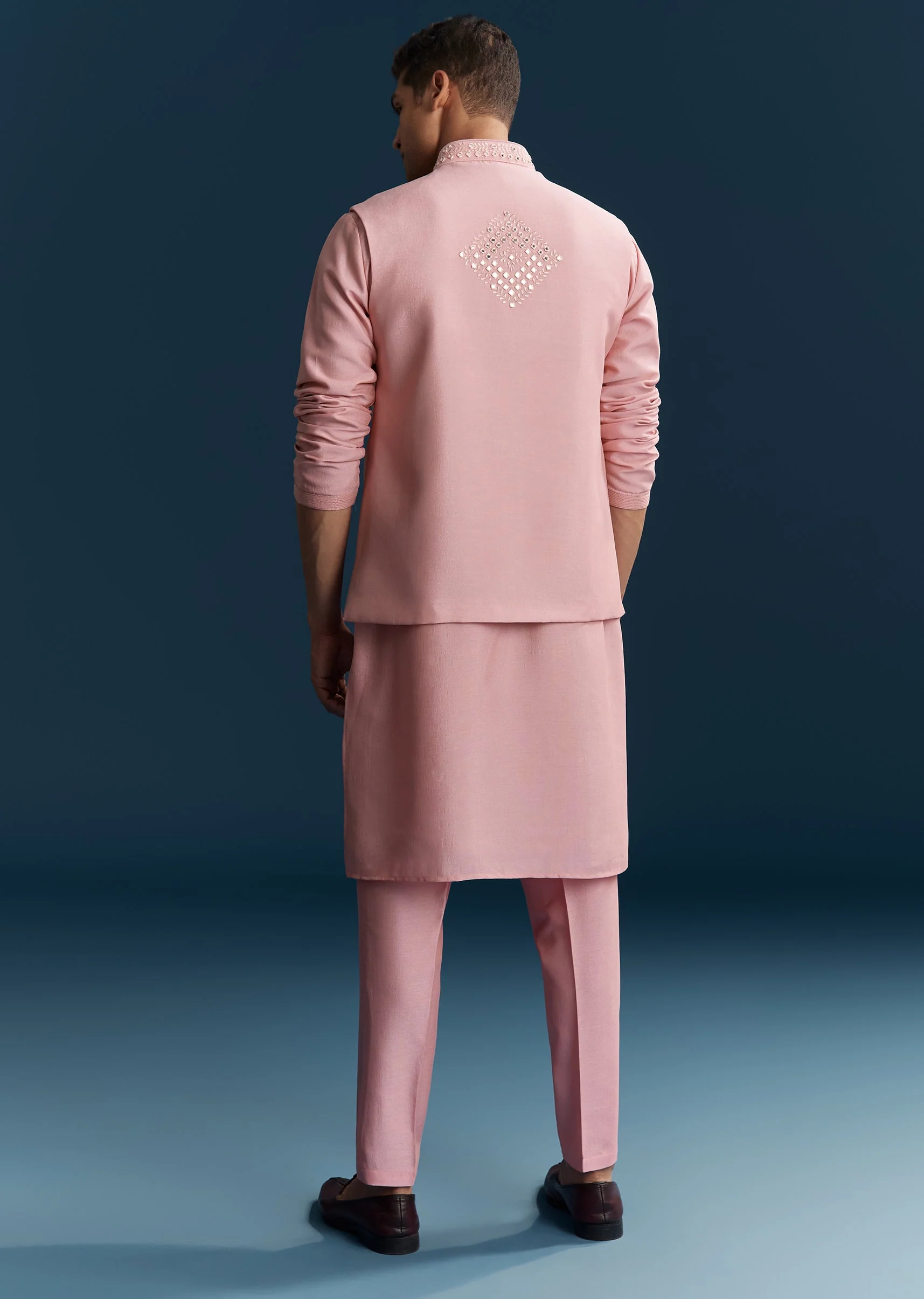 Pastel Pink Silk Kurta Jacket Set With Thread And Mirror Work - Image 5
