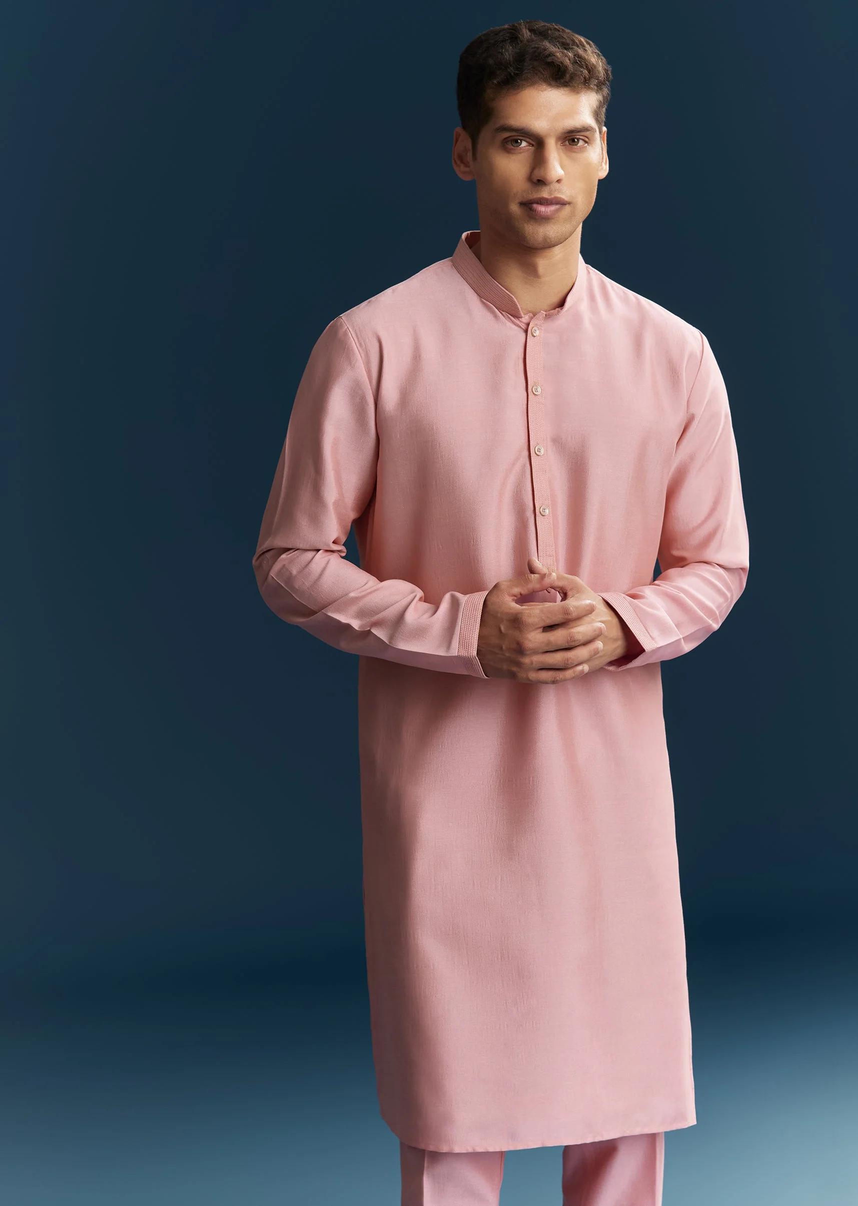 Pastel Pink Silk Kurta Jacket Set With Thread And Mirror Work - Image 6