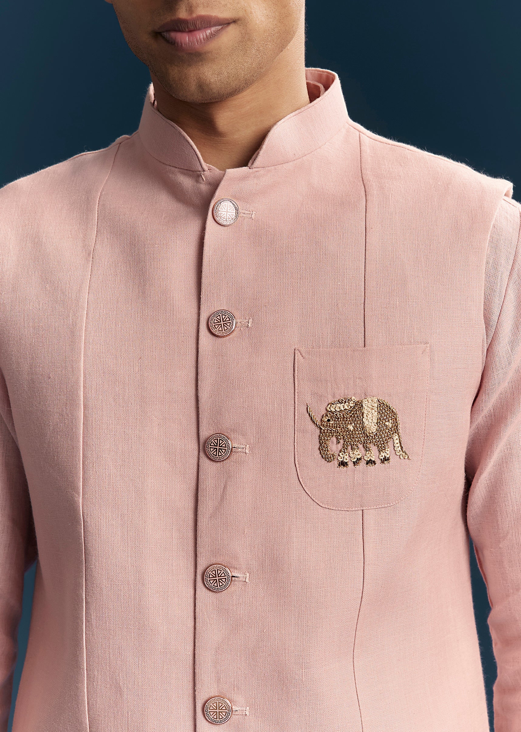 Pastel Pink Silk Kurta Jacket Set With Thread Detail Work - Image 2