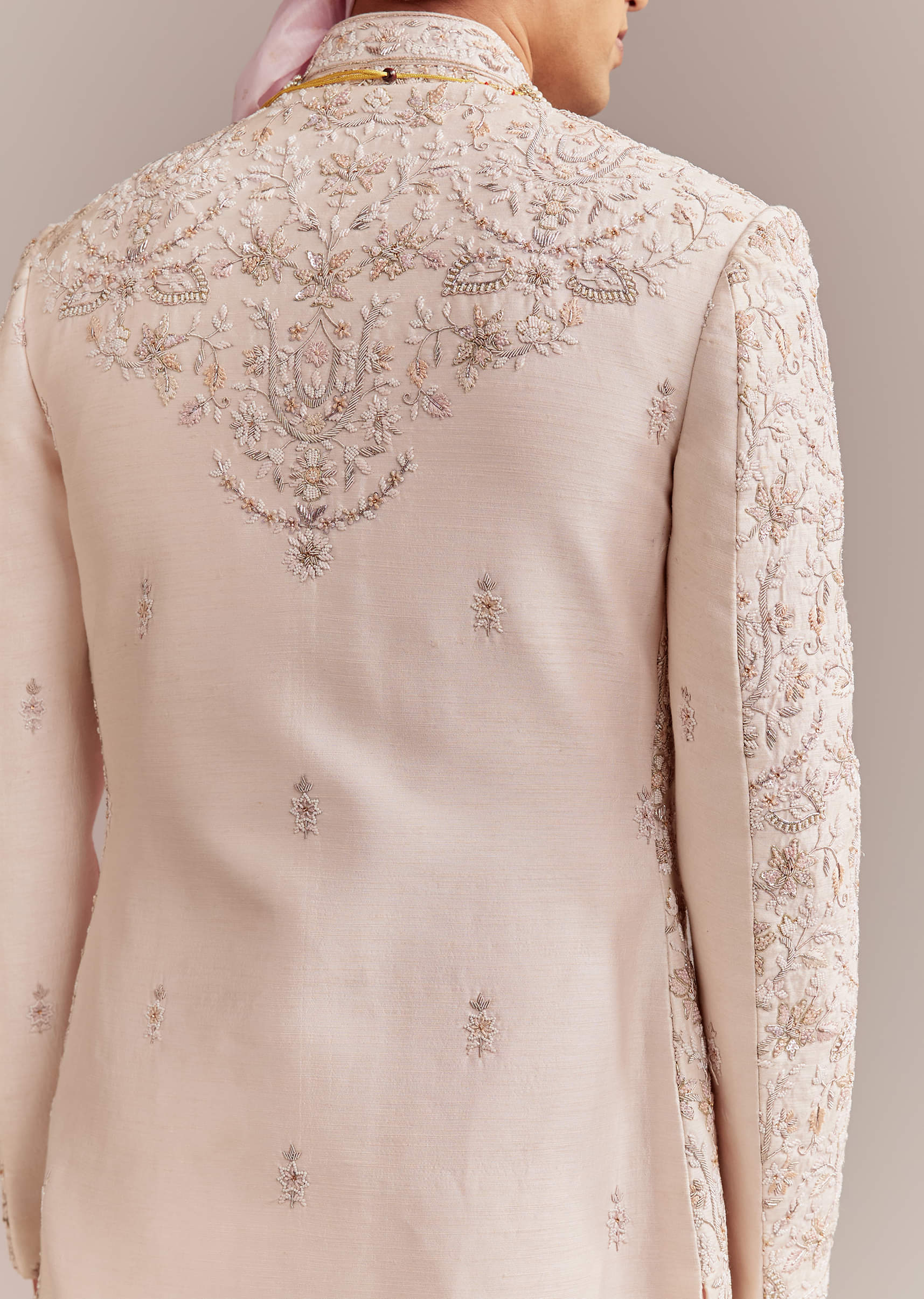 Pastel Pink Silk Sherwani For Groom With Intricate Embroidery - Image 6