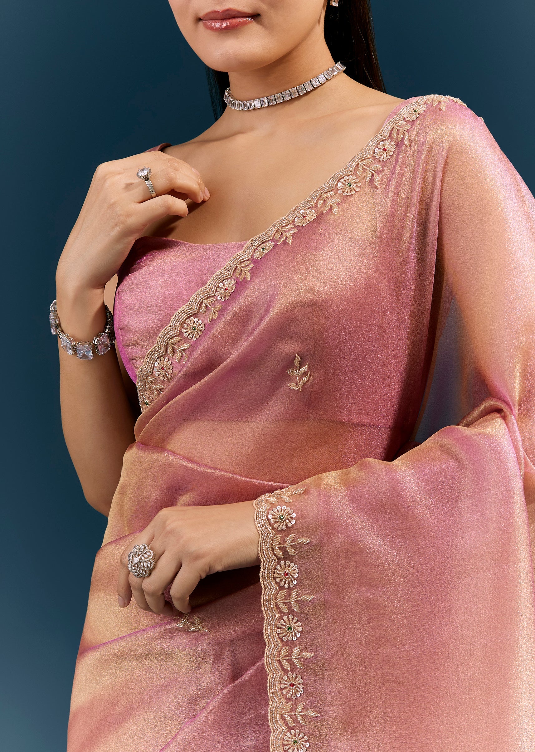 Pastel Pink Tissue Saree With Scallop Border Cutda Work And Stone Highlights - Image 2