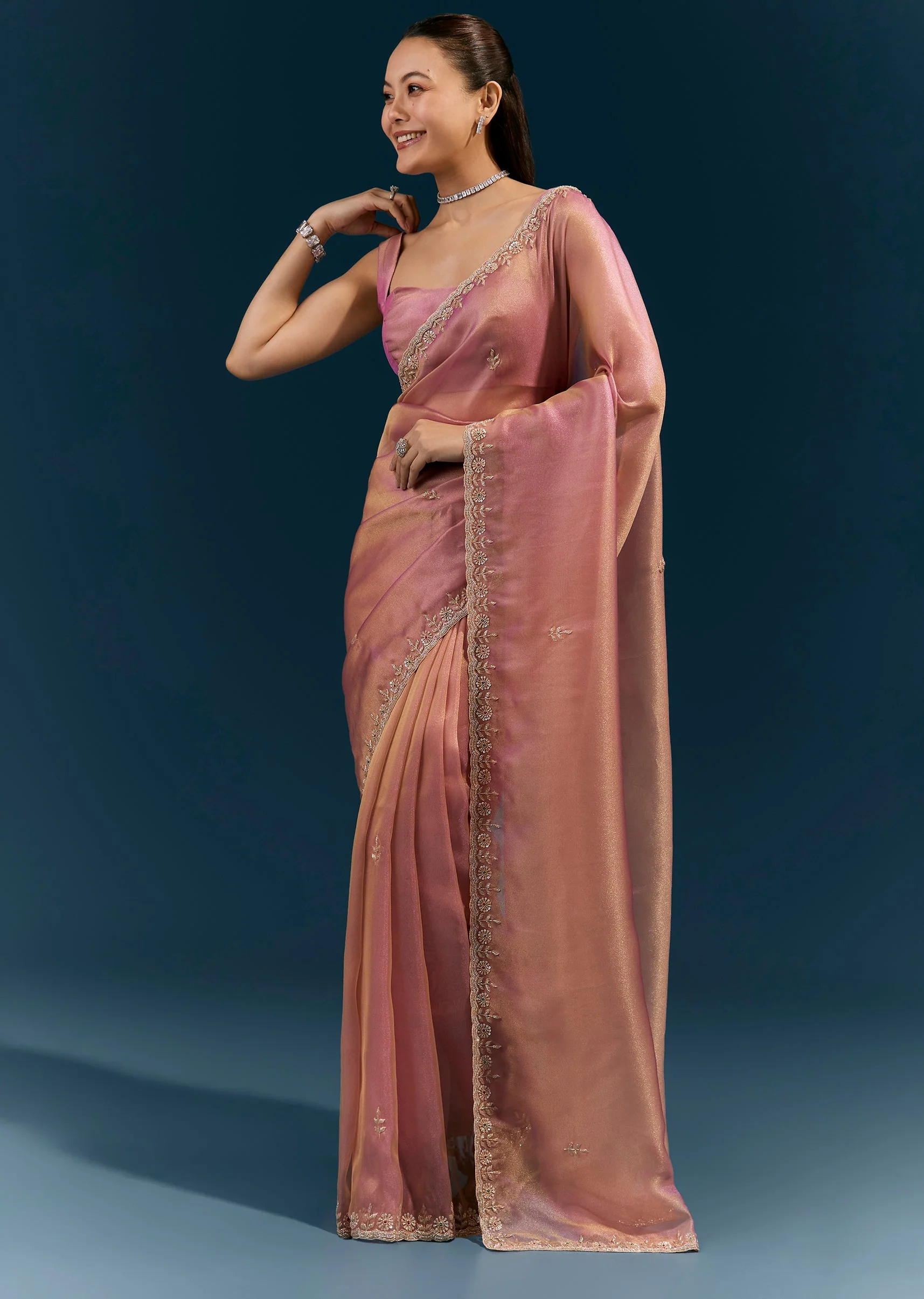 Pastel Pink Tissue Saree With Scallop Border Cutda Work And Stone Highlights - Image 3