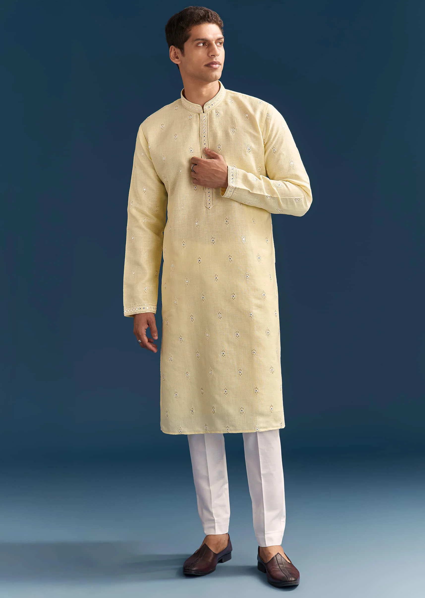 Pastel Yellow Silk Kurta Set For Men With Mirror Work - Image 3