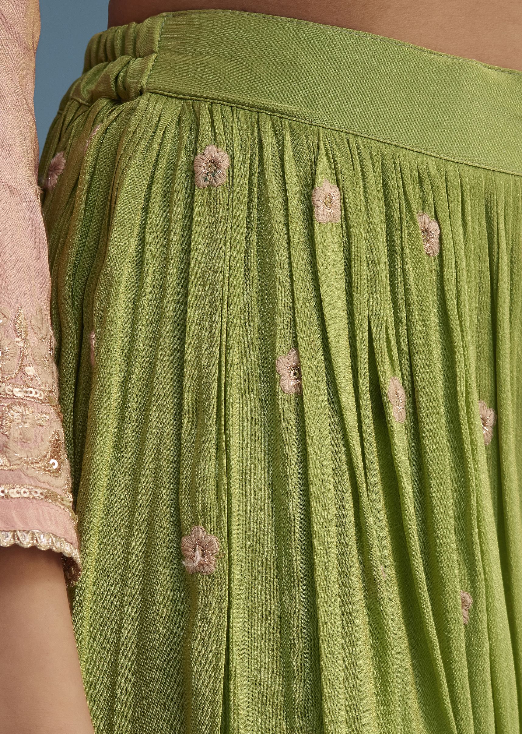Peach And Green Tissue Palazzo Set With Zardosi And Sequins Work - Image 6