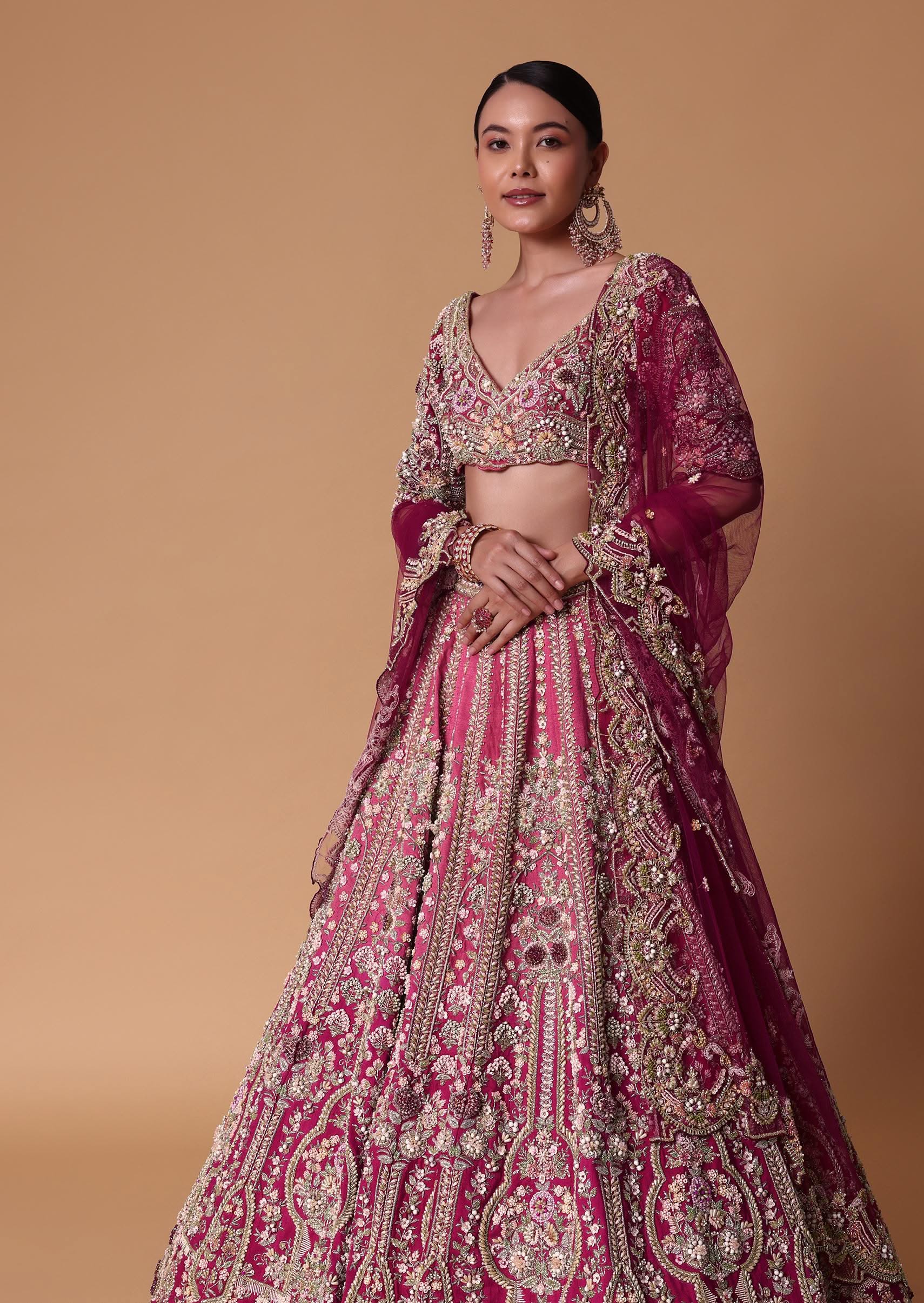 Pink Raw Silk 16 Kali Lehenga And 3D Pearl Embellished Blouse Set - Image 4