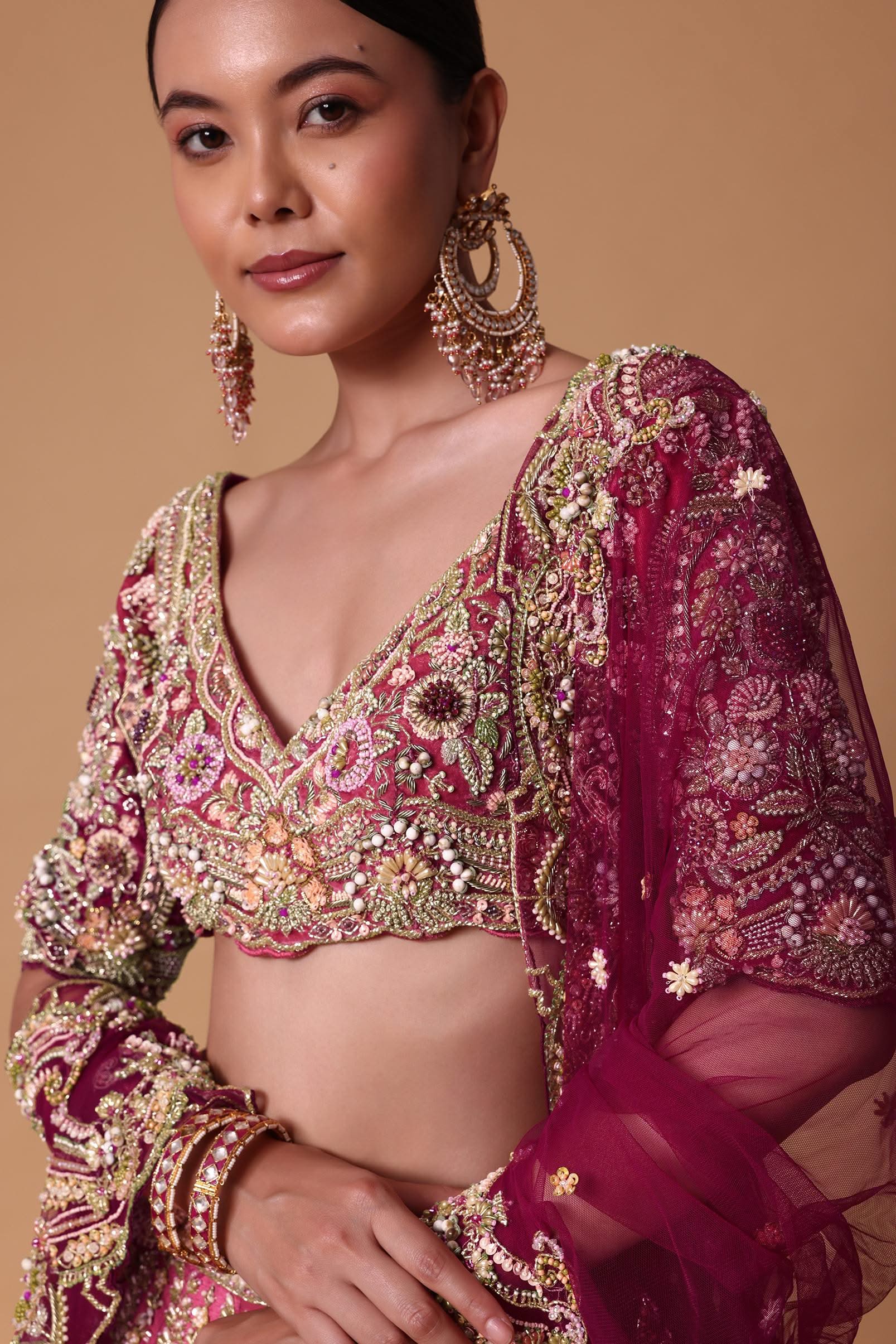 Pink Raw Silk 16 Kali Lehenga And 3D Pearl Embellished Blouse Set - Image 6
