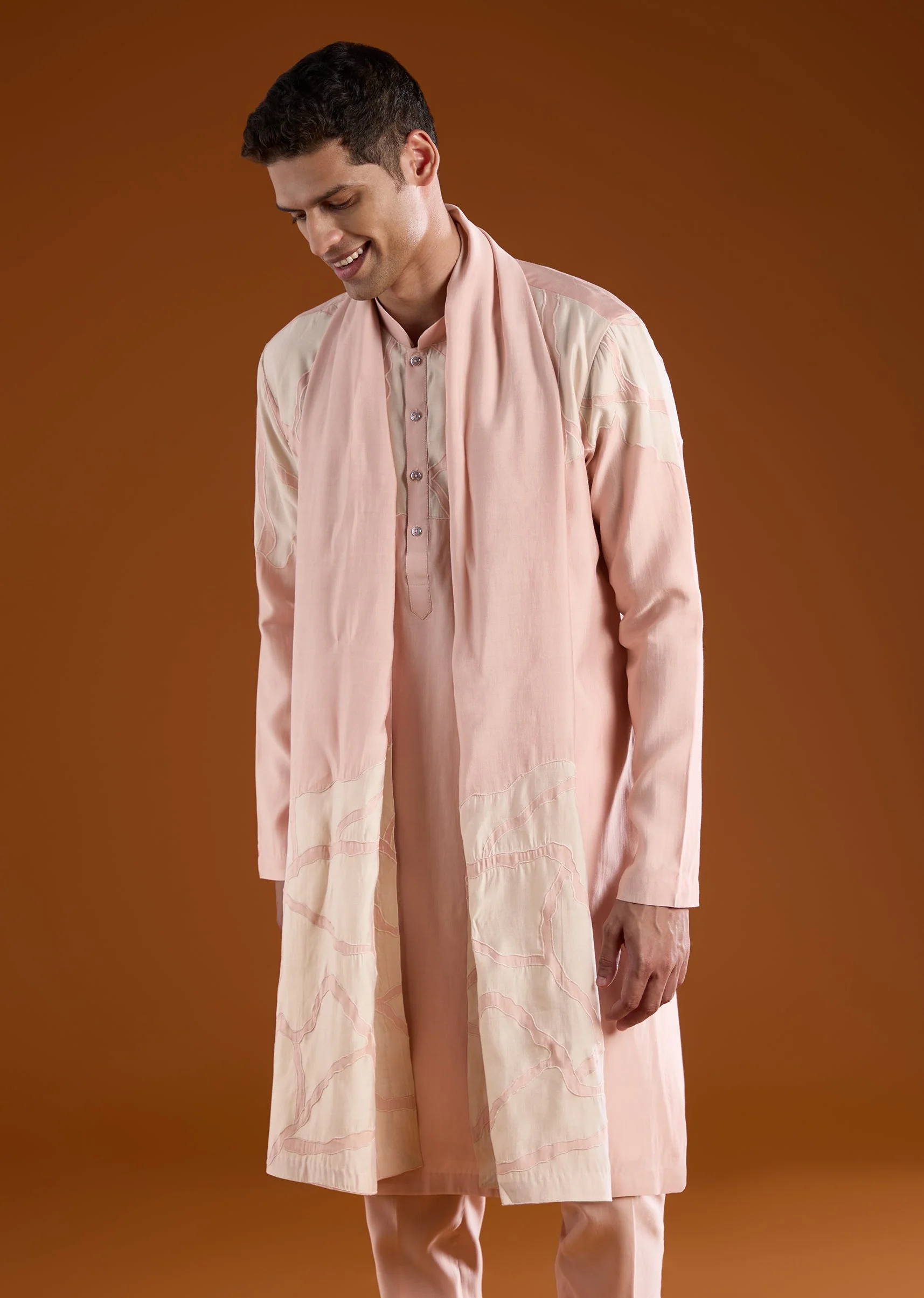 Peach Appliue Embroidered Mens Kurta Pant Set - Image 2