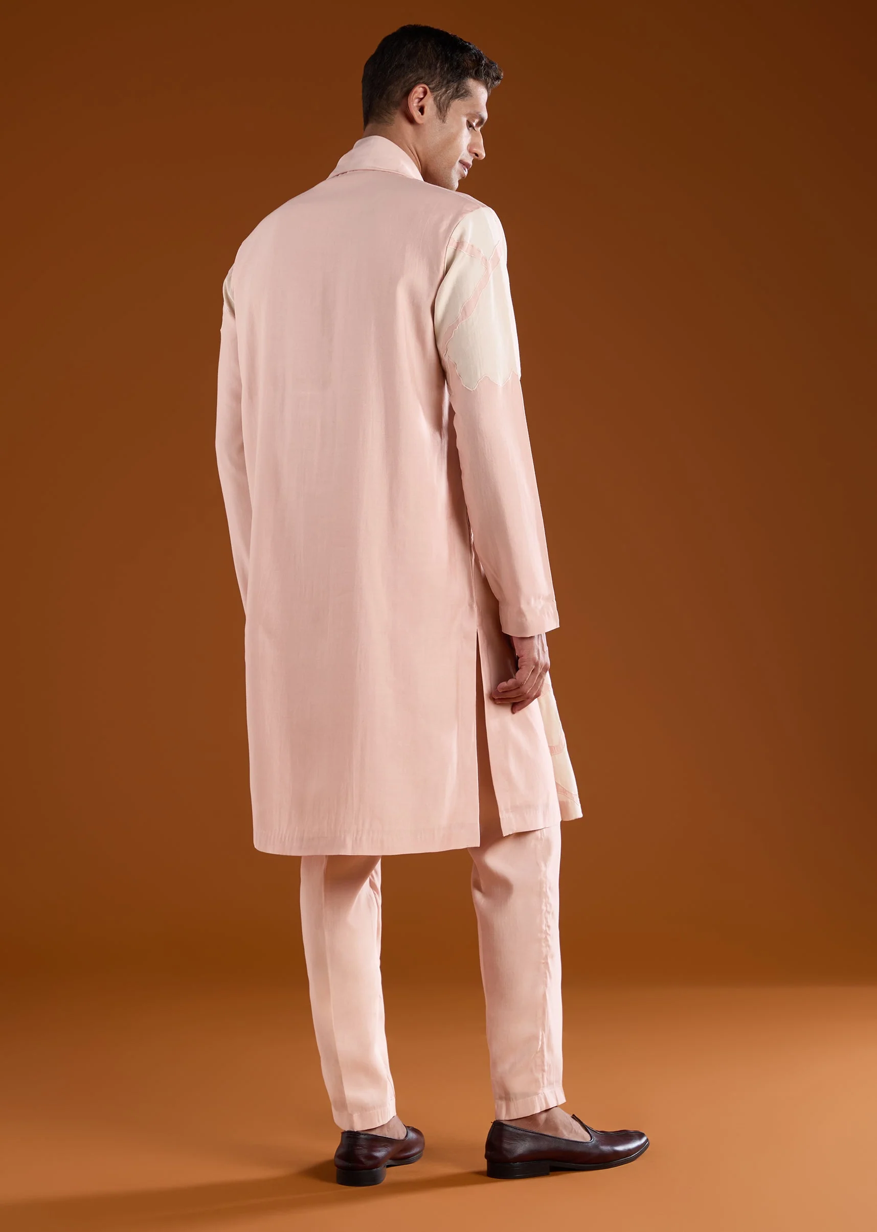 Peach Appliue Embroidered Mens Kurta Pant Set - Image 4