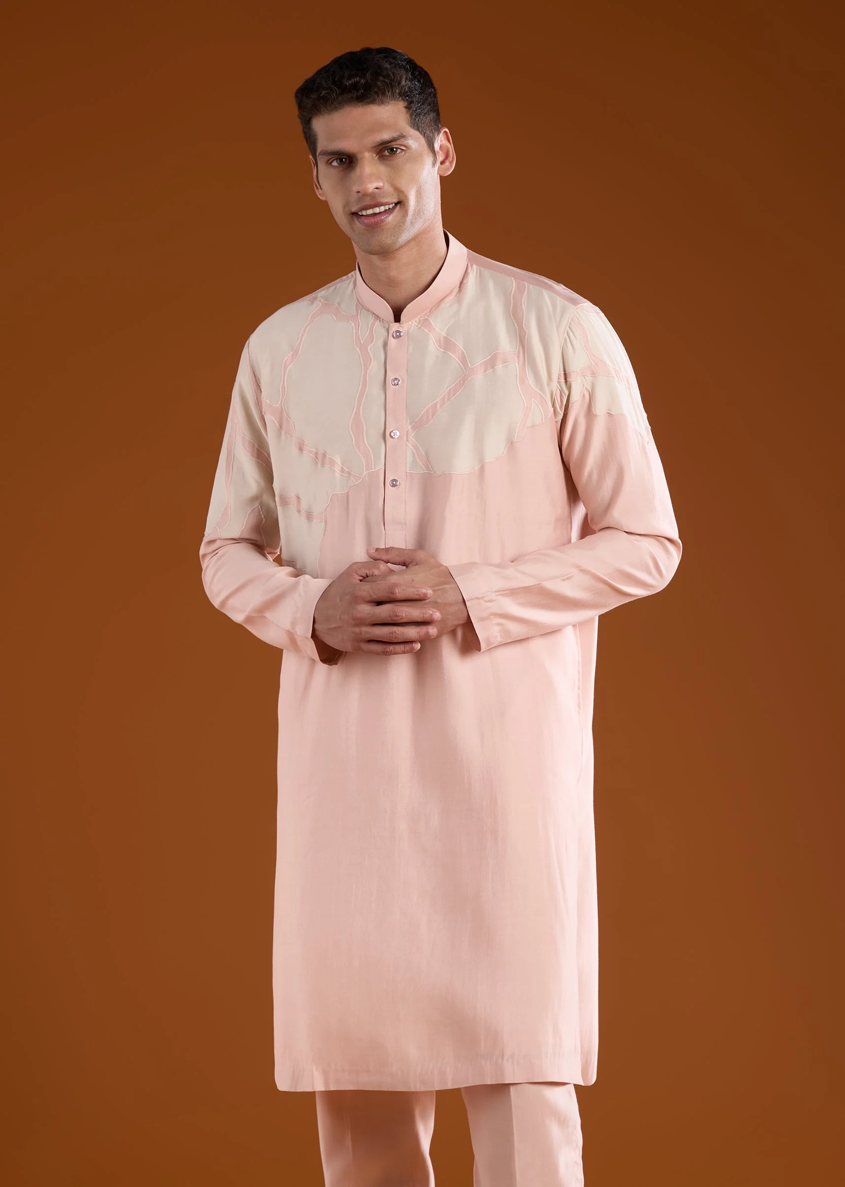 Peach Appliue Embroidered Mens Kurta Pant Set - Image 6