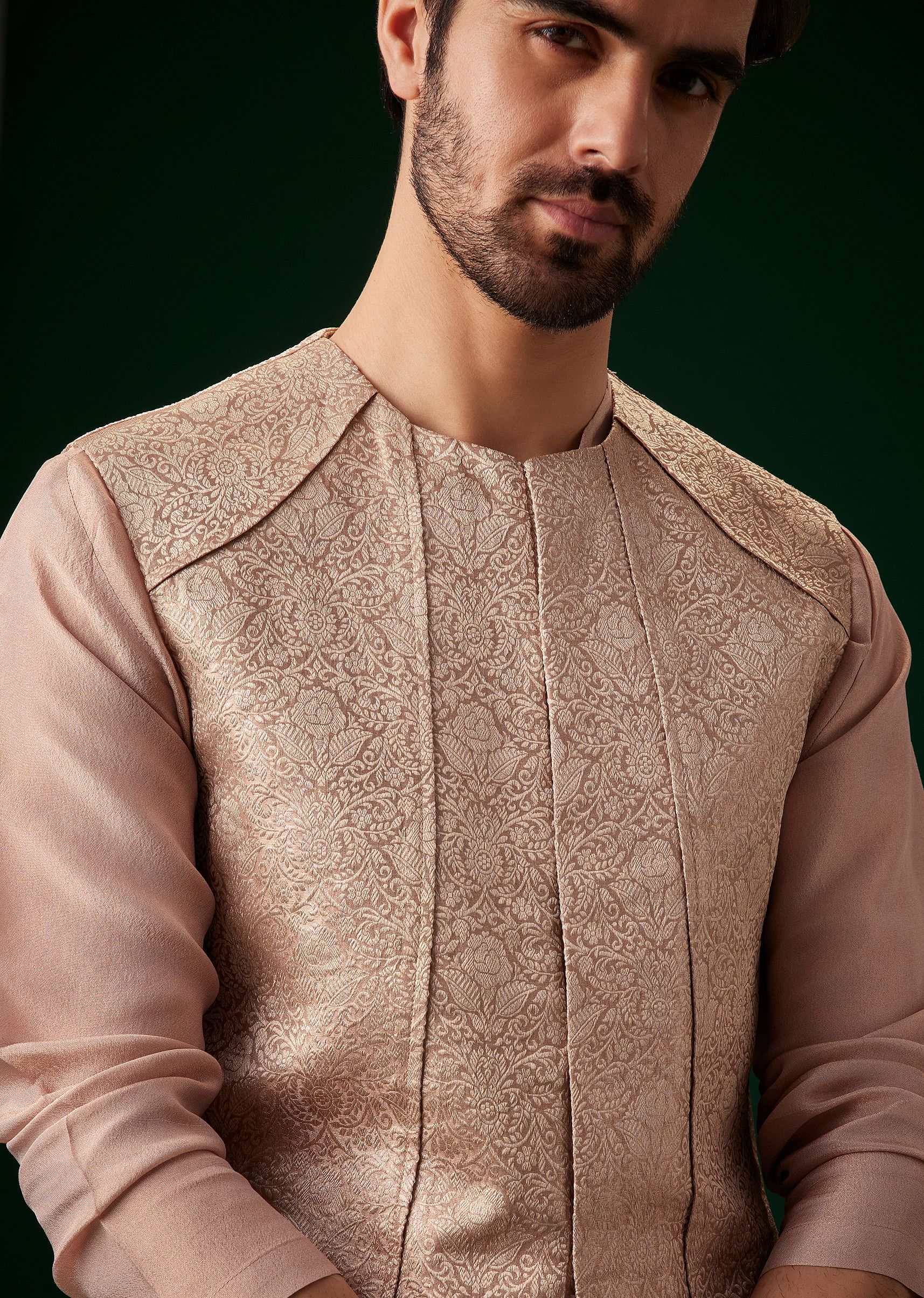 Peach Banarasi Silk Kurta Jacket Set - Image 2
