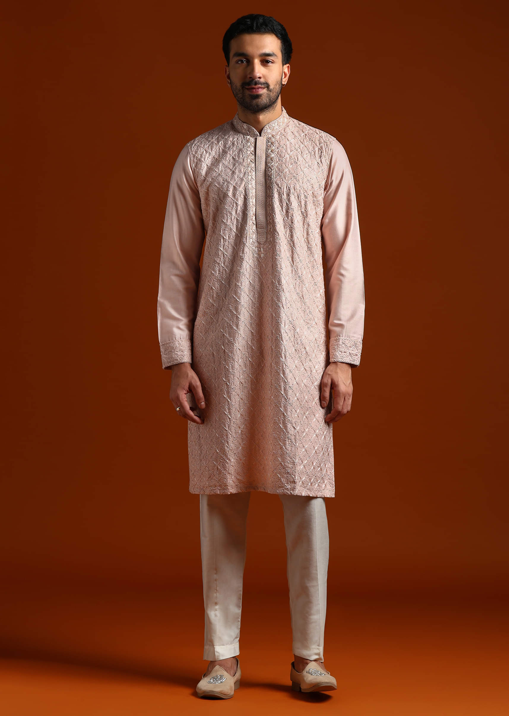Peach Banarasi Silk Kurta Set For Men With Heavy Hand Embroidery - Image 2
