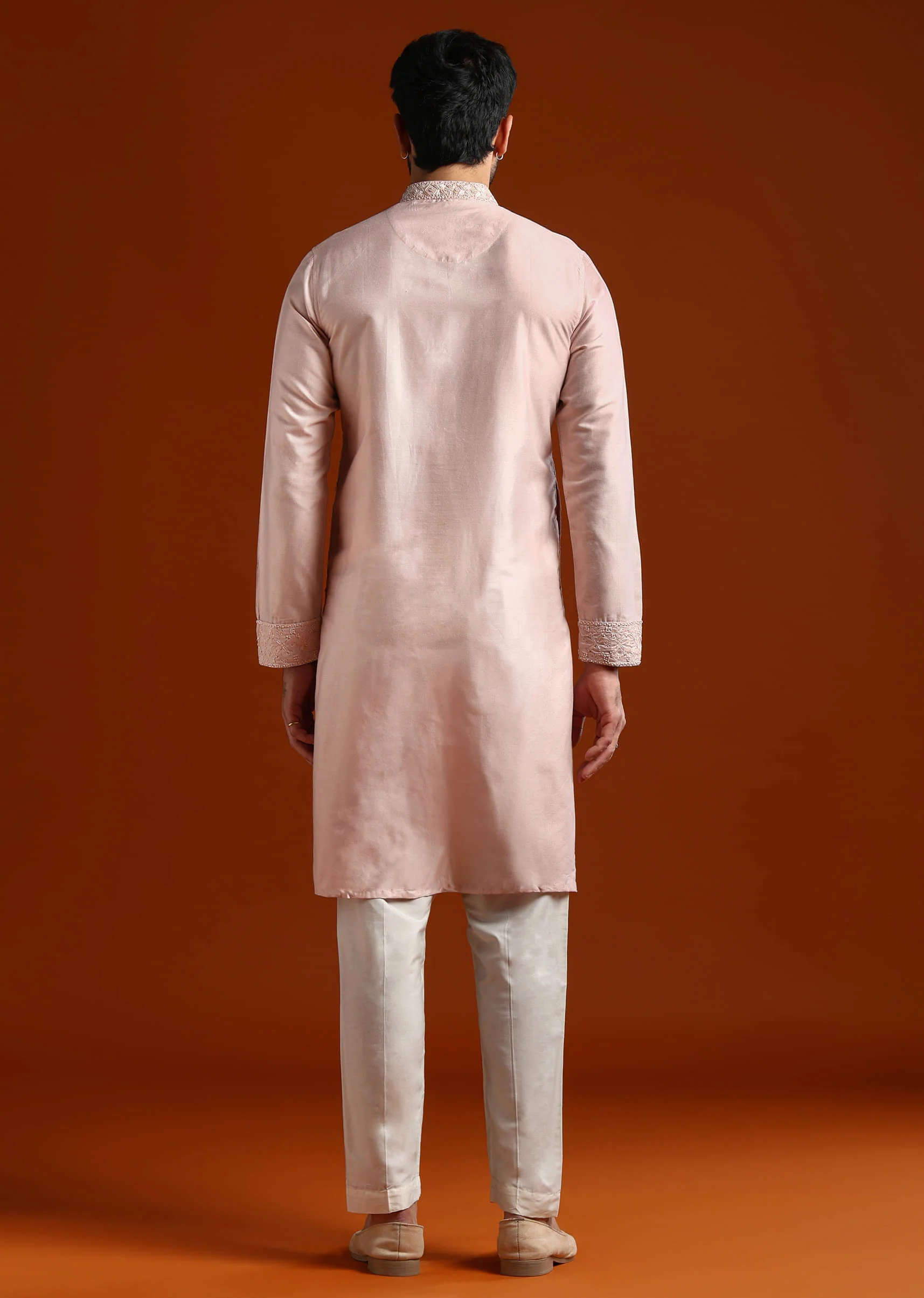 Peach Banarasi Silk Kurta Set For Men With Heavy Hand Embroidery - Image 5