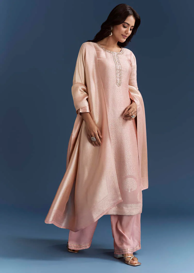 Peach Banarasi Tissue Kurta Set With Zardosi Neckline - Image 3