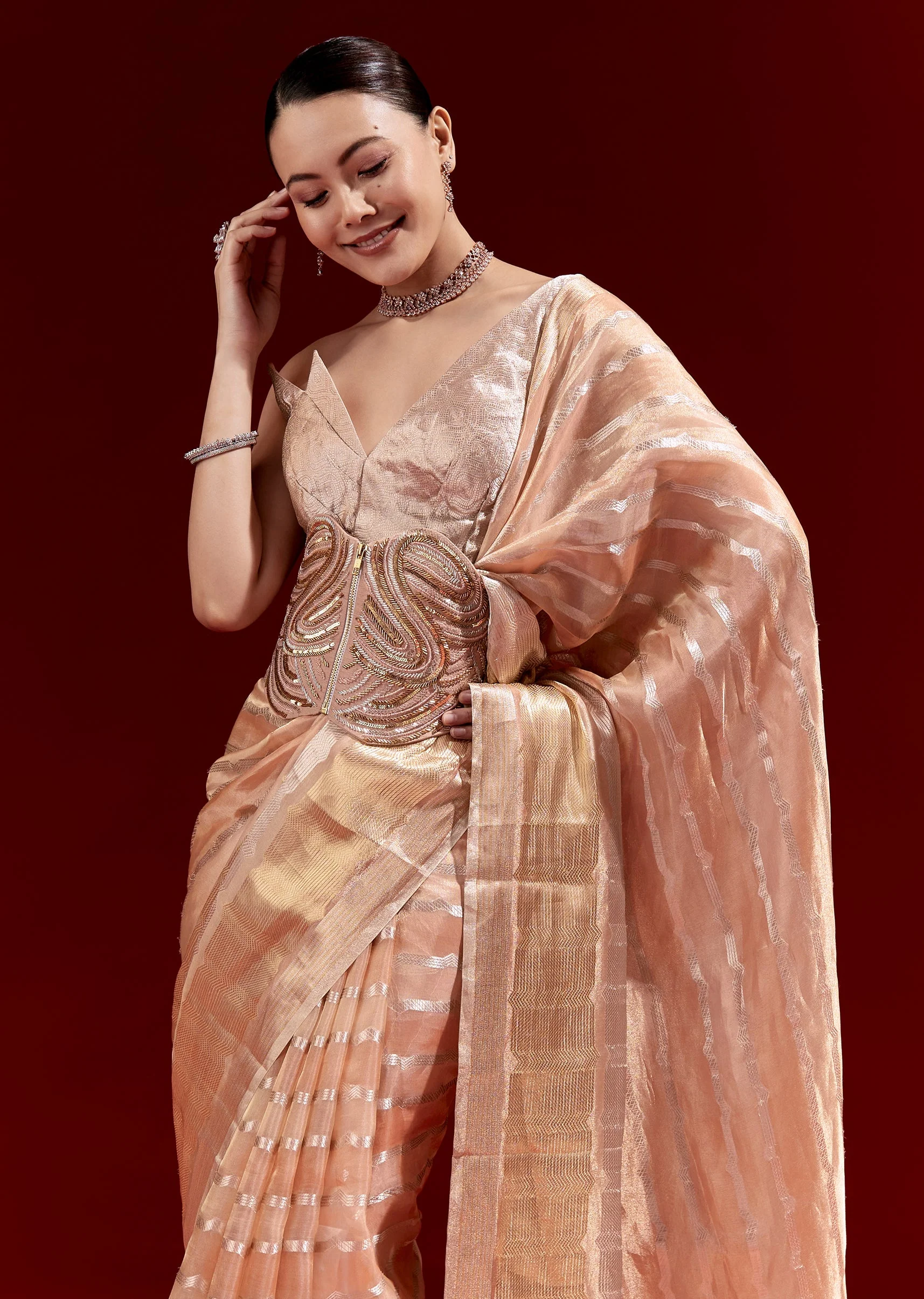 Peach Banarasi Tissue Saree With Chanderi Stripes And Embroidered Cutdana Belt - Image 5