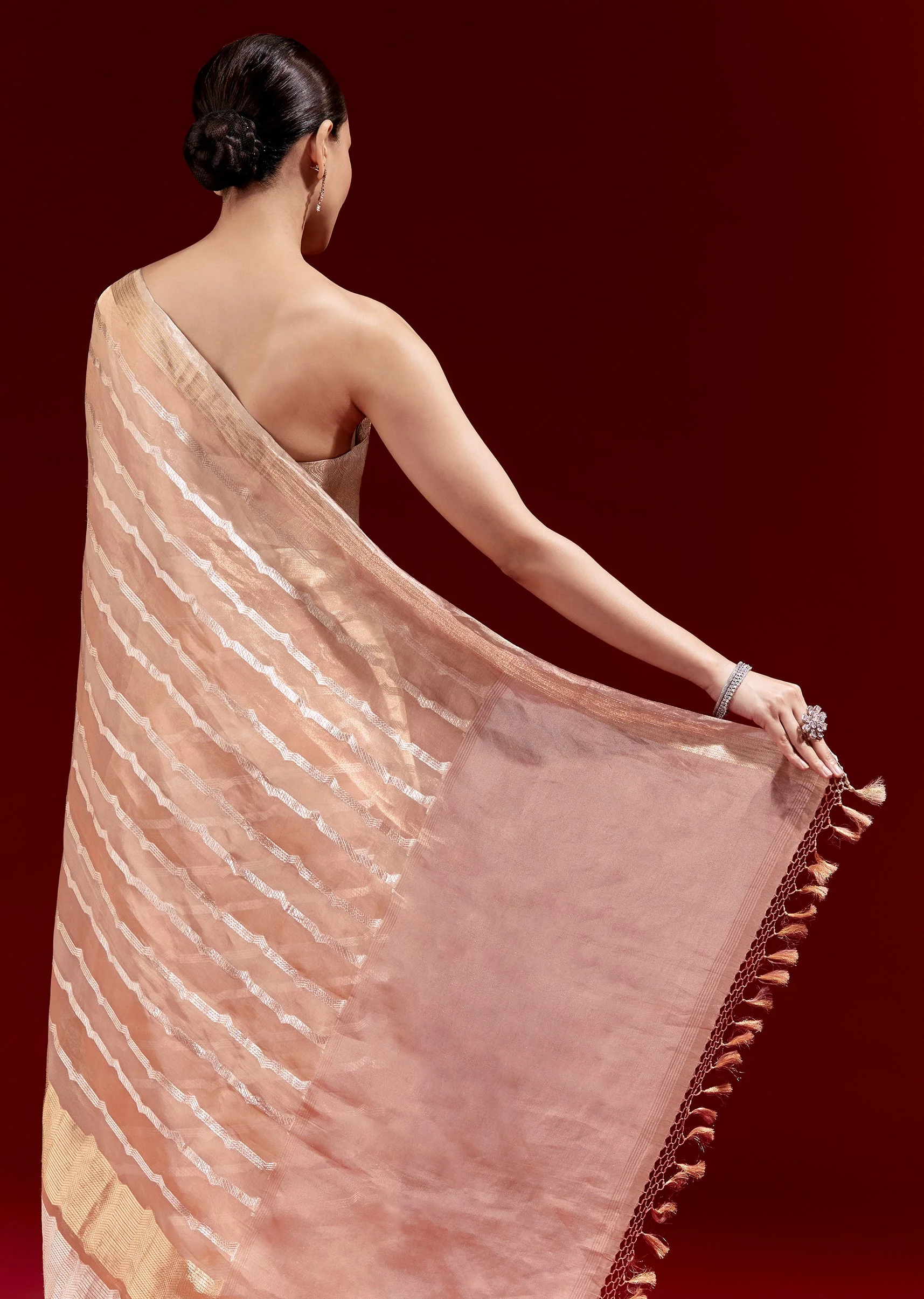 Peach Banarasi Tissue Saree With Chanderi Stripes And Embroidered Cutdana Belt - Image 6