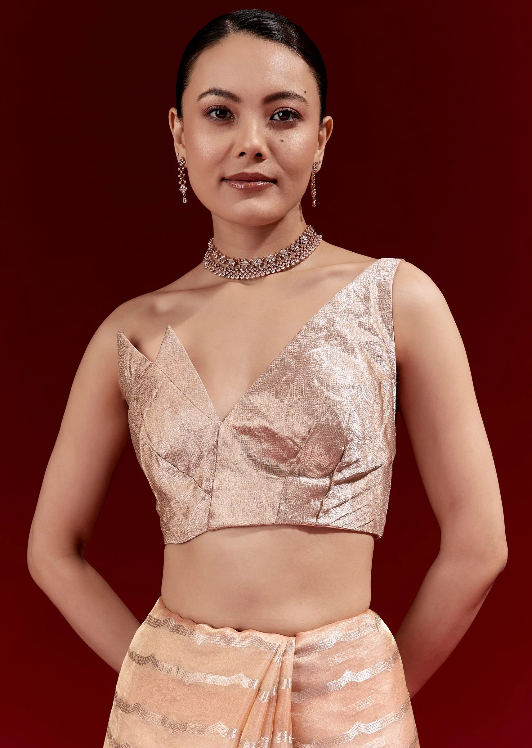 Peach Banarasi Tissue Saree With Chanderi Stripes And Embroidered Cutdana Belt - Image 7