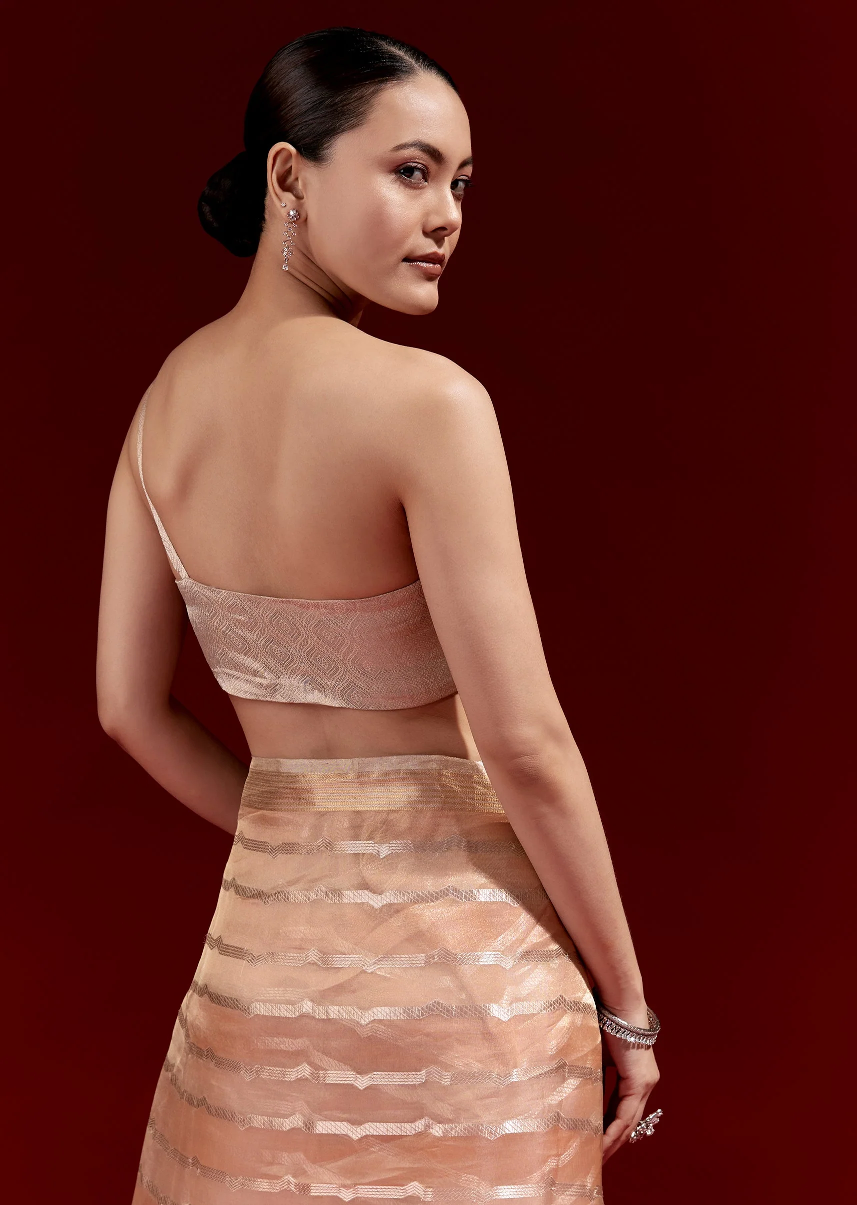 Peach Banarasi Tissue Saree With Chanderi Stripes And Embroidered Cutdana Belt - Image 8