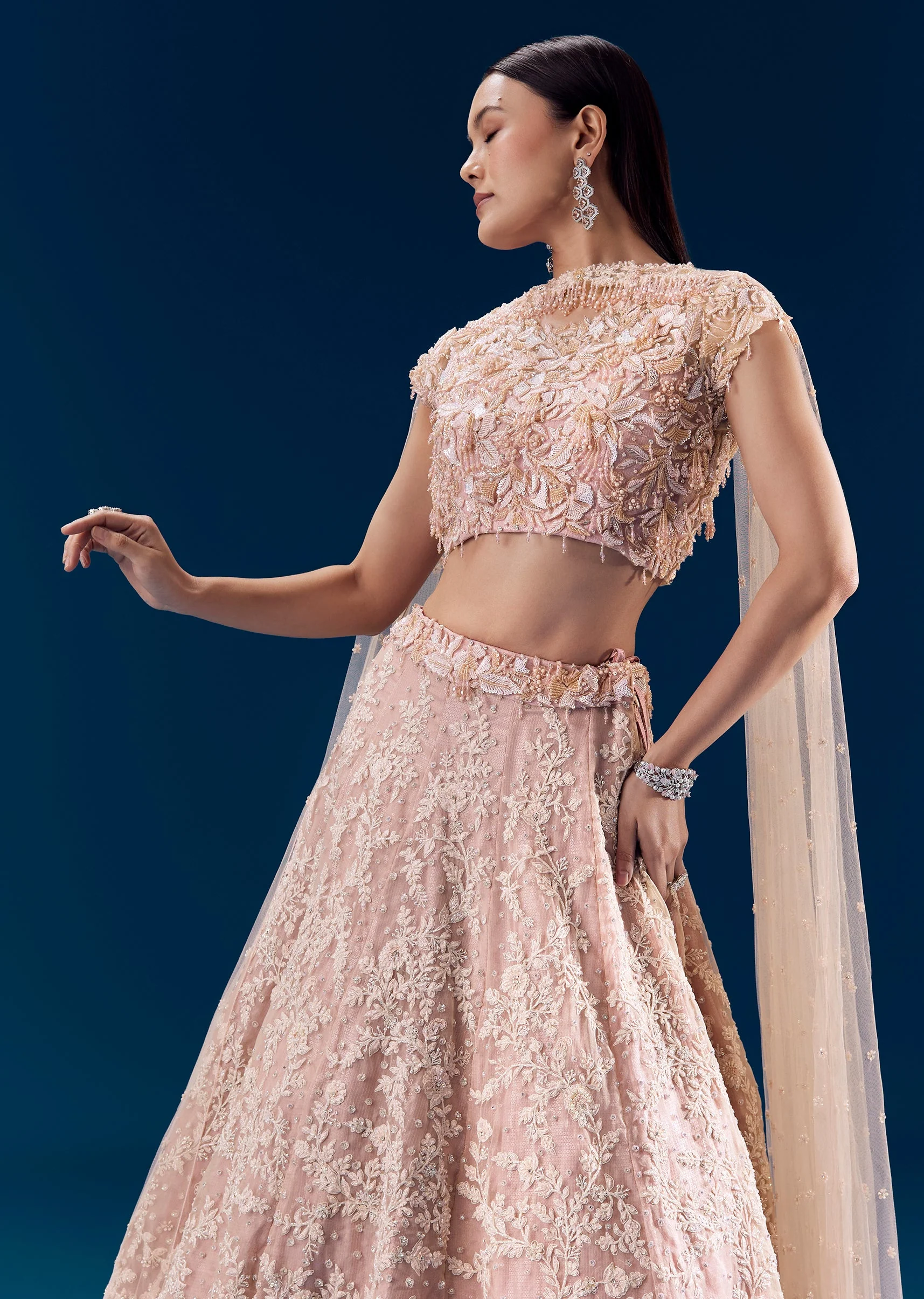 Peach Bead Embellished Bridal Lehenga Set - Image 5