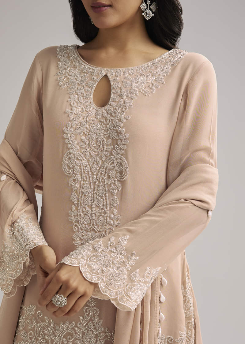 Peach Beaded Kurti Pant Set With Dupatta - Image 2