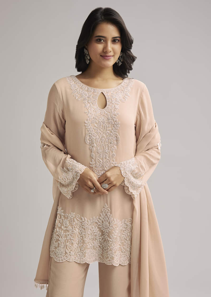 Peach Beaded Kurti Pant Set With Dupatta - Image 4