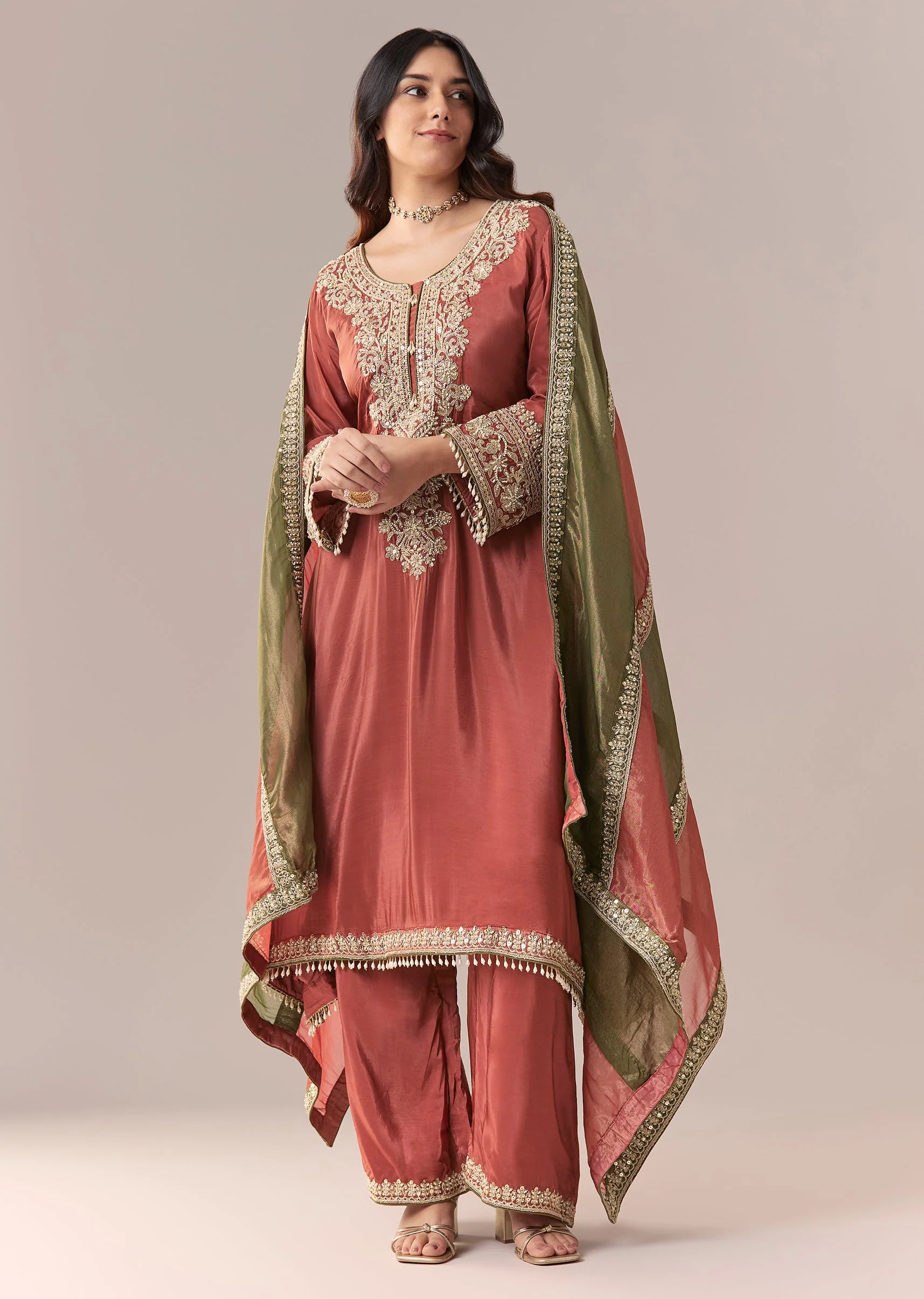 Peach Beaded Tissue Anarkali Suit Set With Pant And Dupatta - Image 3