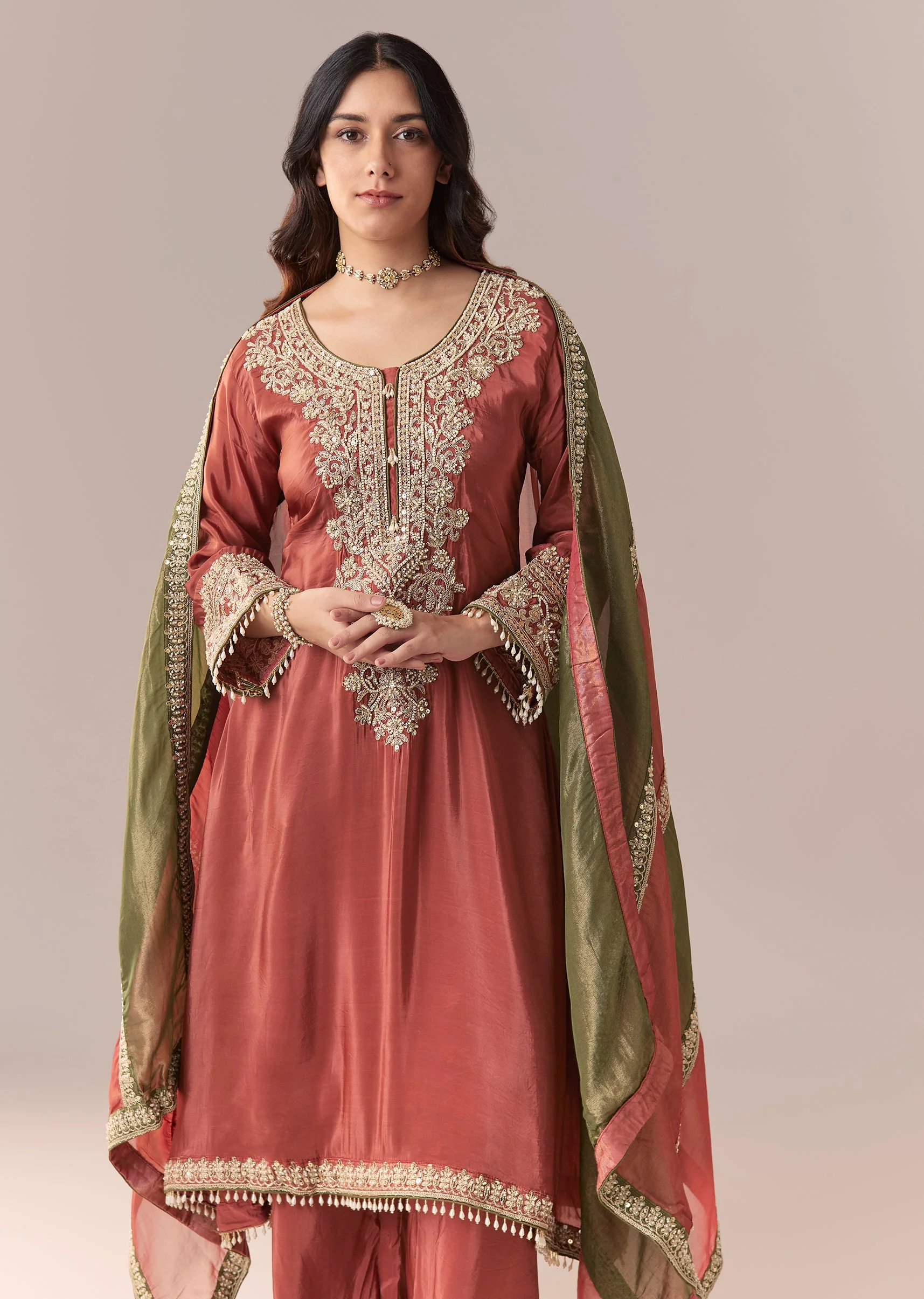 Peach Beaded Tissue Anarkali Suit Set With Pant And Dupatta - Image 4