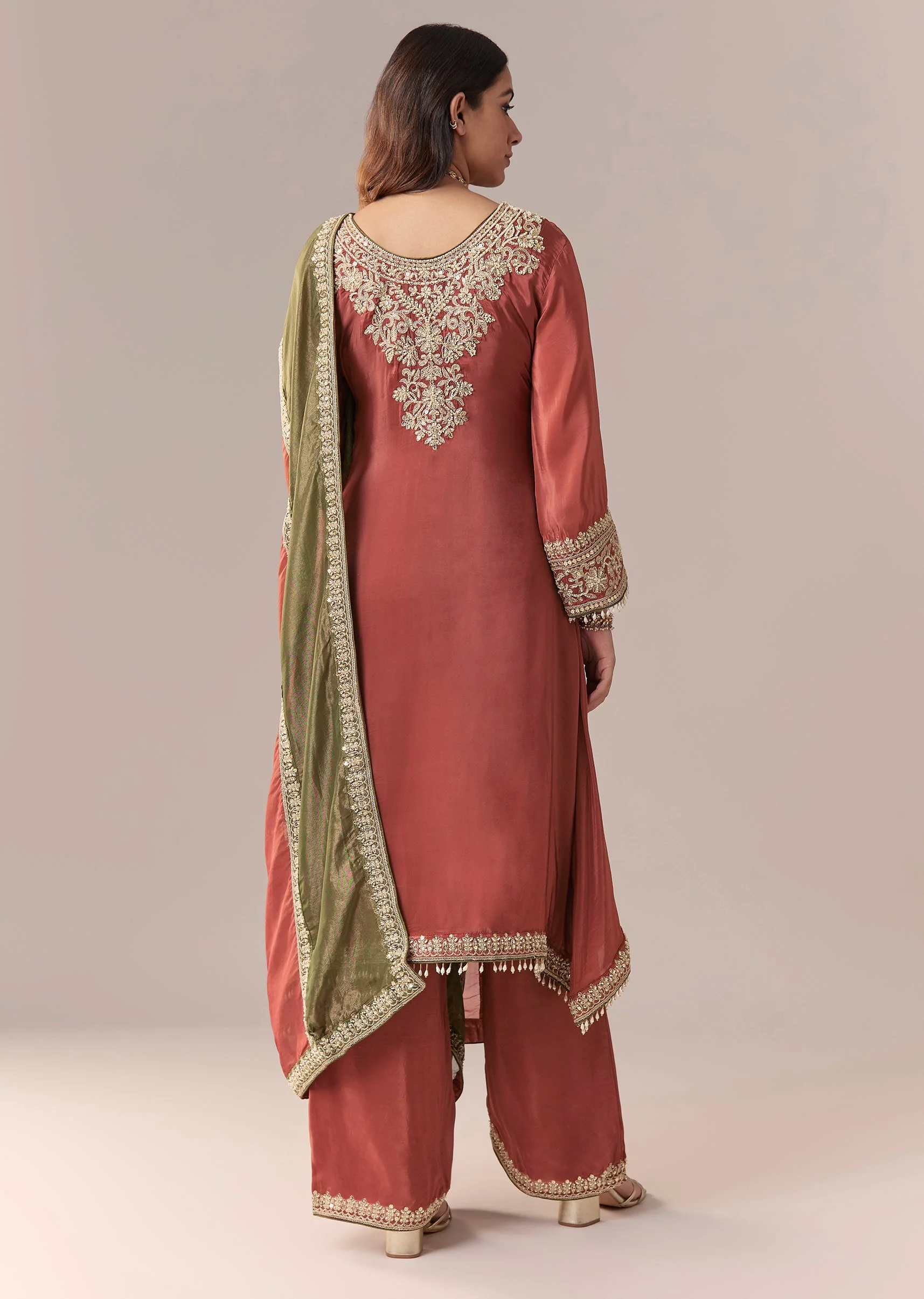Peach Beaded Tissue Anarkali Suit Set With Pant And Dupatta - Image 5