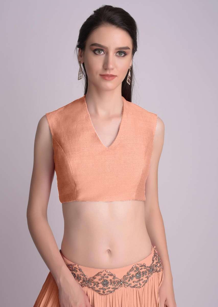 Peach Blouse In Raw Silk With V Neckline - Image 4