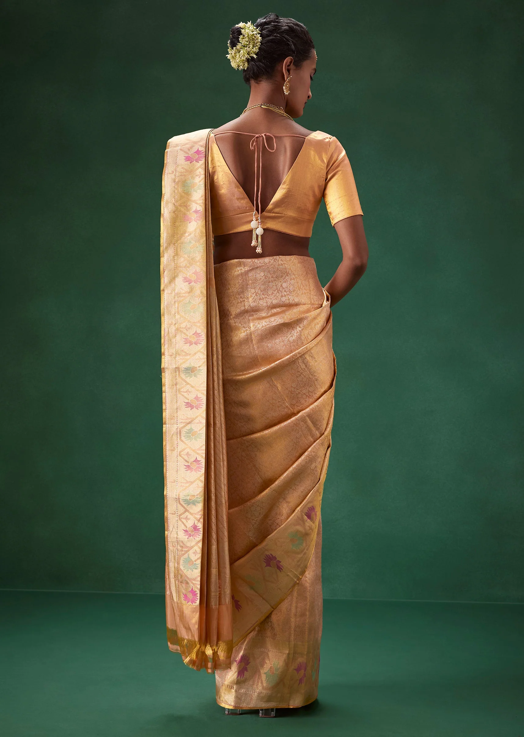 Peach Bridal Banarasi Saree with Unstitched Blouse - Image 2