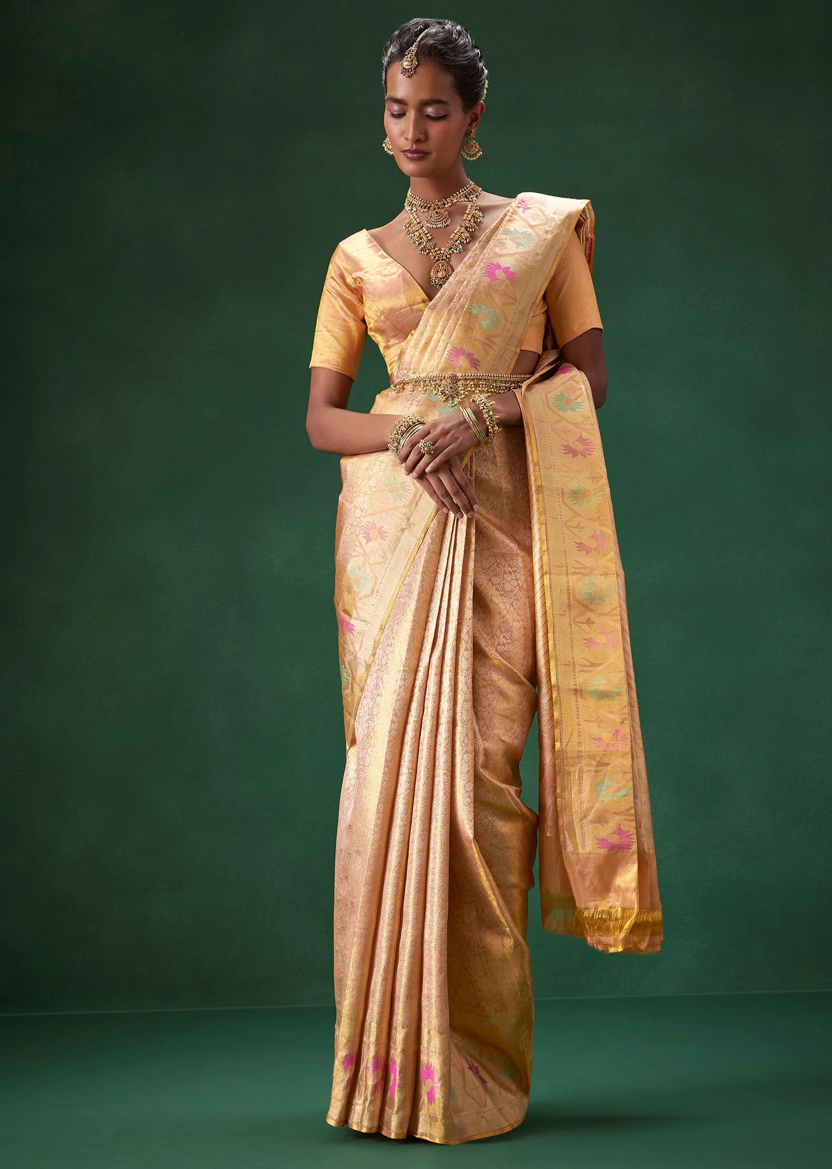 Peach Bridal Banarasi Saree with Unstitched Blouse - Image 4