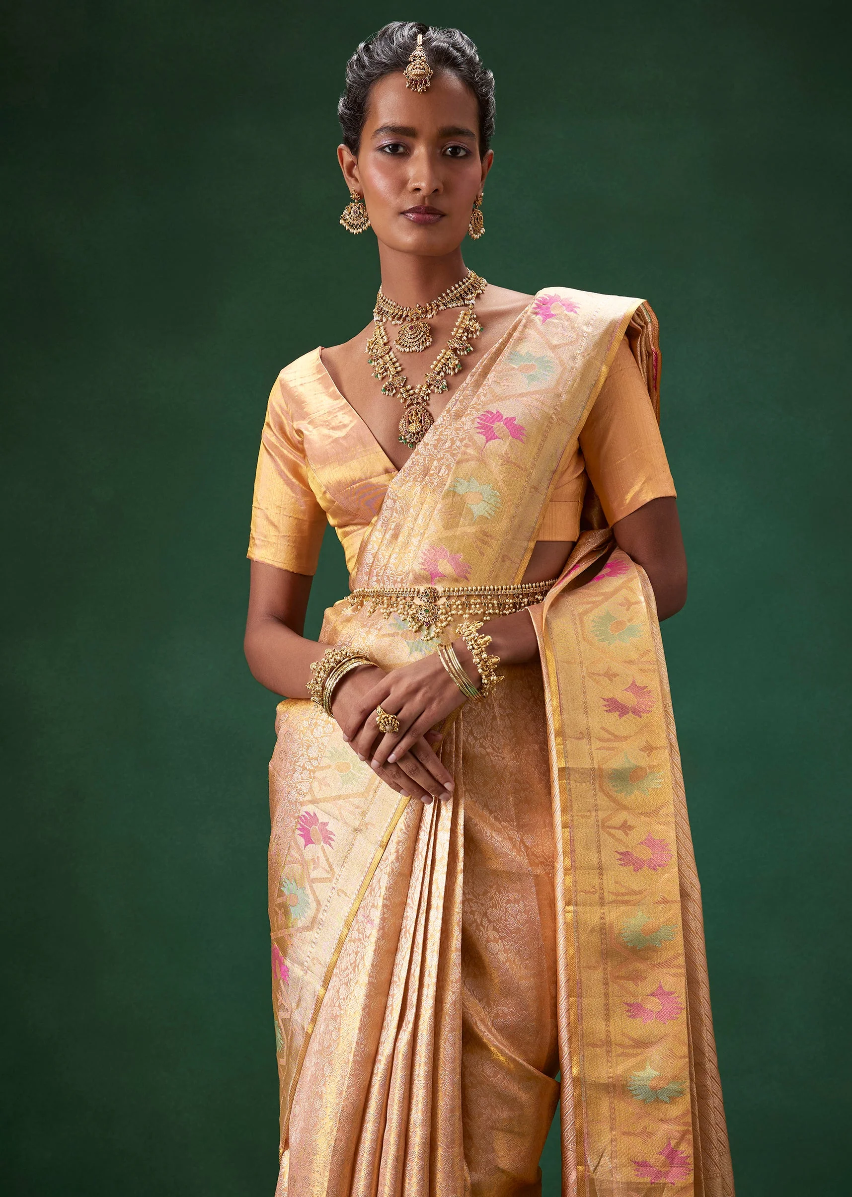 Peach Bridal Banarasi Saree with Unstitched Blouse - Image 6