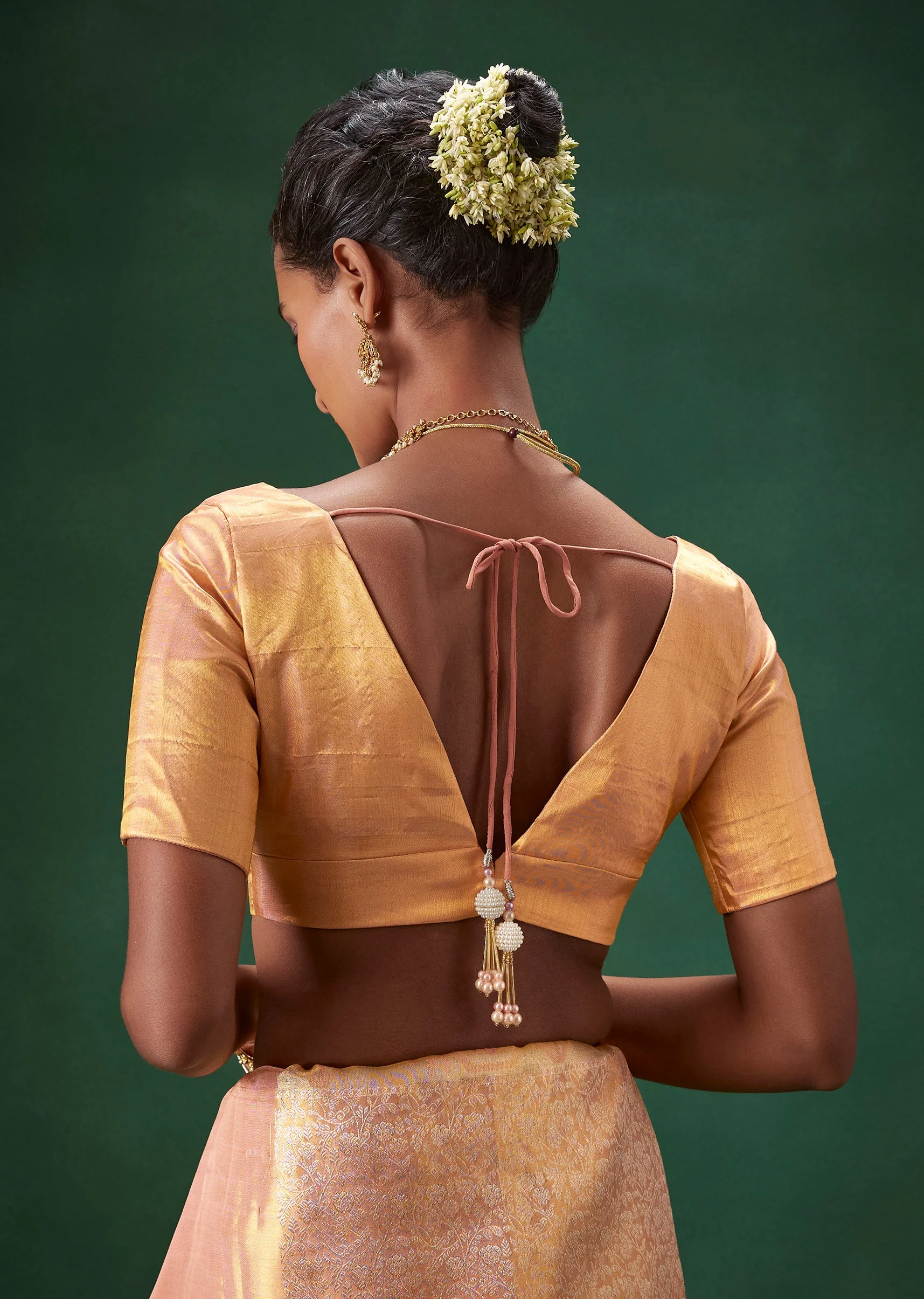 Peach Bridal Banarasi Saree with Unstitched Blouse - Image 8